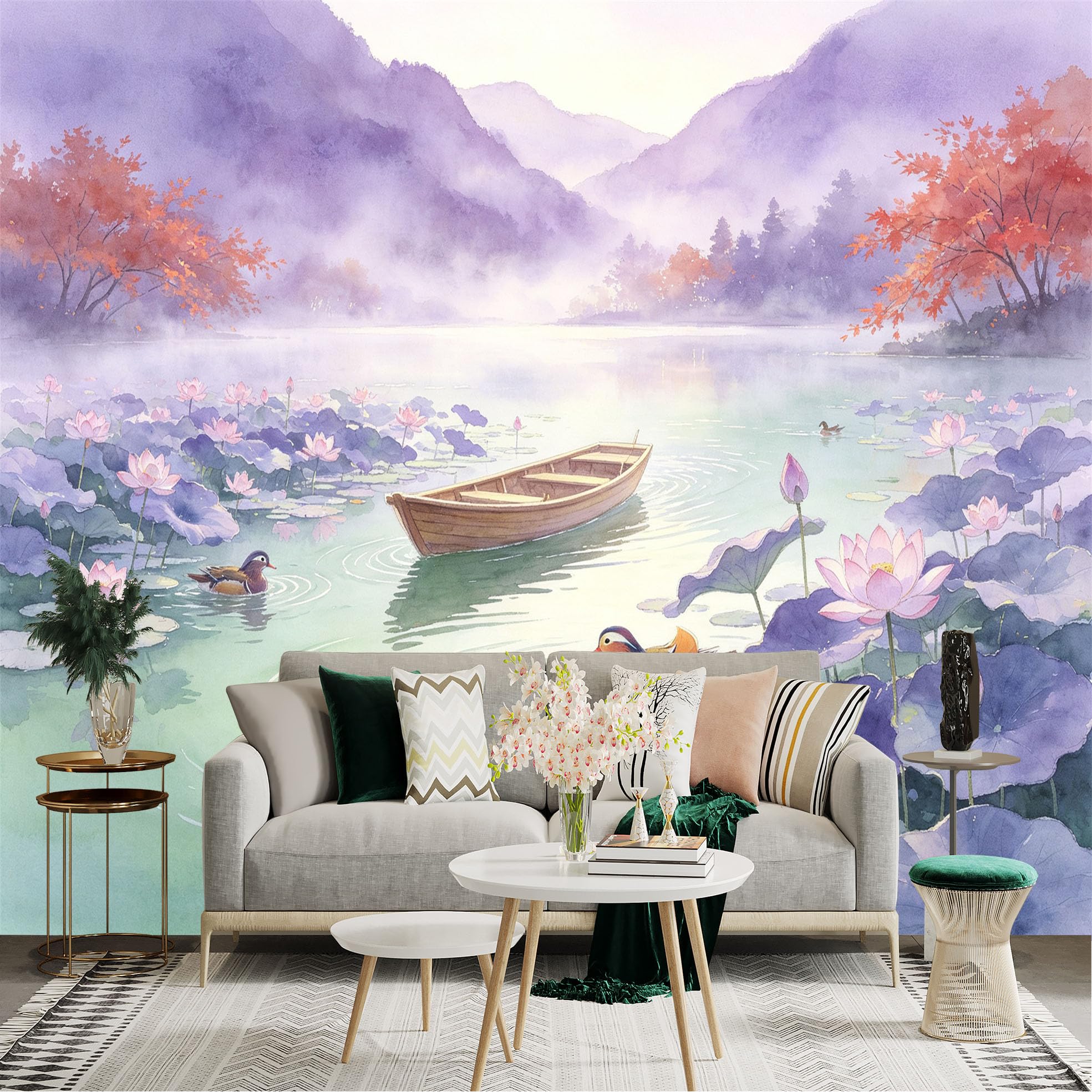 Custom Size Wall Sticker Mural， Watercolor Lotus Pond， Peaceful Wooden Boat， Vibrant Mandarin Ducks， Misty Mountain Scenery， for wall Decoration， peelandstick wall Decals.