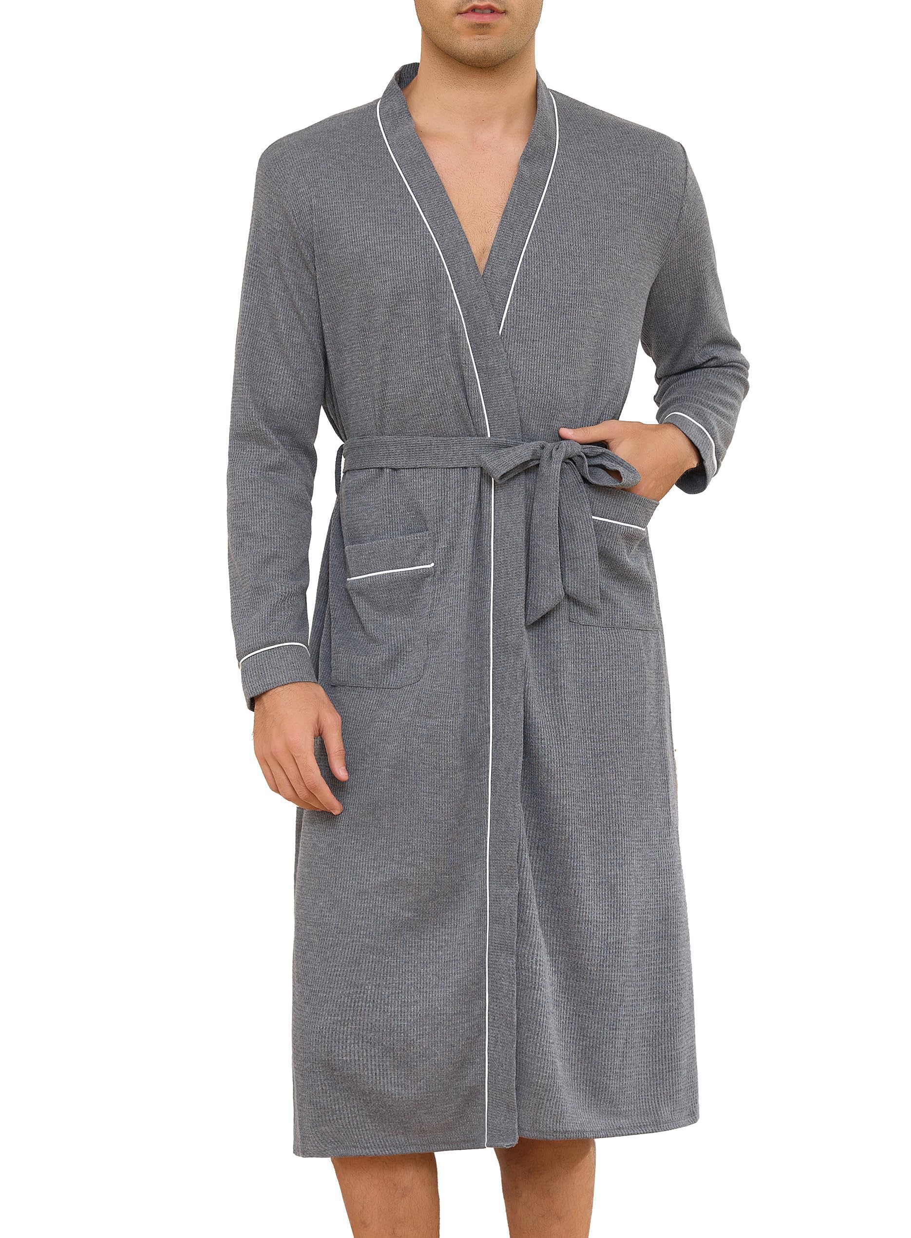 Lovasy Bademantel Waffelpique Herren Langarm Saunamantel Waffelstrick Morgenmantel Lang Loungewear mit Gürtel und Taschen