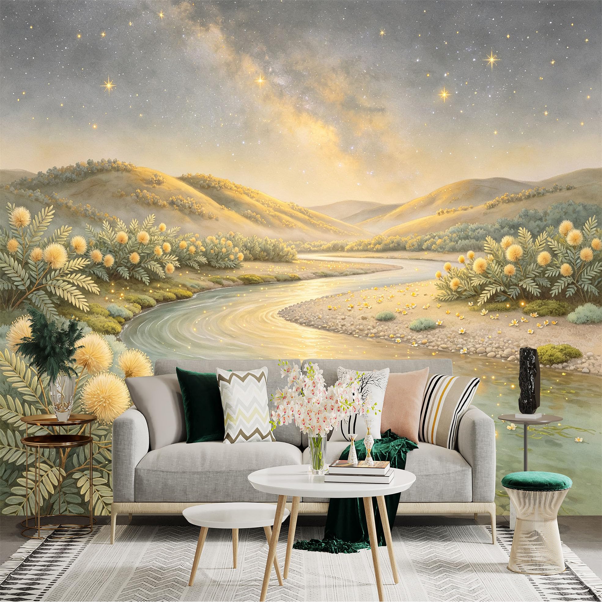 Lnzczhyre Bh260719013 Custom Size Wall Sticker Mural， Dreamy River Landscape With Glowing Flowers， Sunset Hills And Night Sky， For Wall Decoration， Peelandstick Wall Decals.