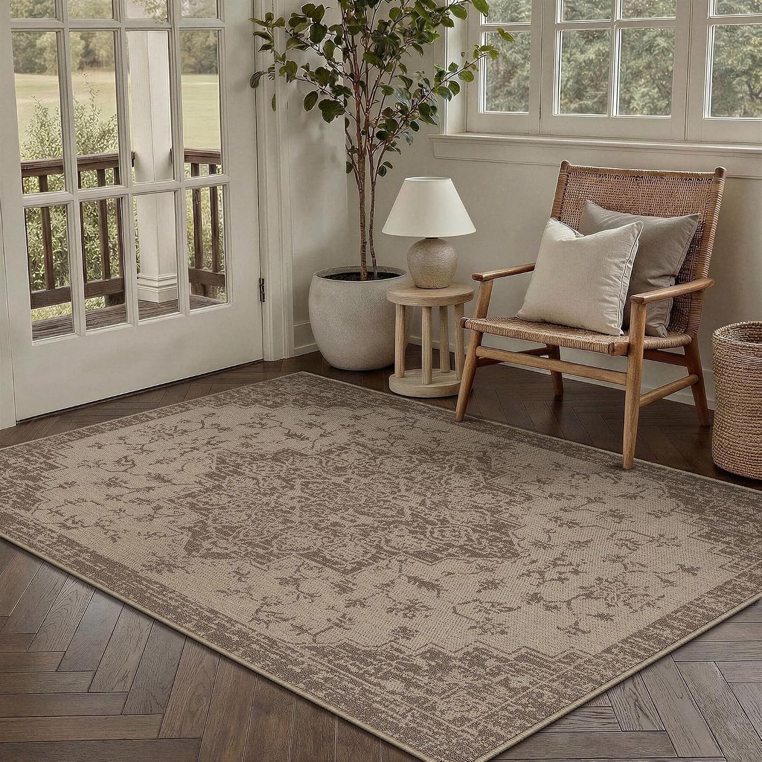 3x5 Easy Jute Outdoor Patio Rug Washable Brown Floral Entrance Area Rug for Living Room Lightweight Non Slip No Sheding Doormat Entryway Farmhouse Bedroom Backyard Kitchen Deck