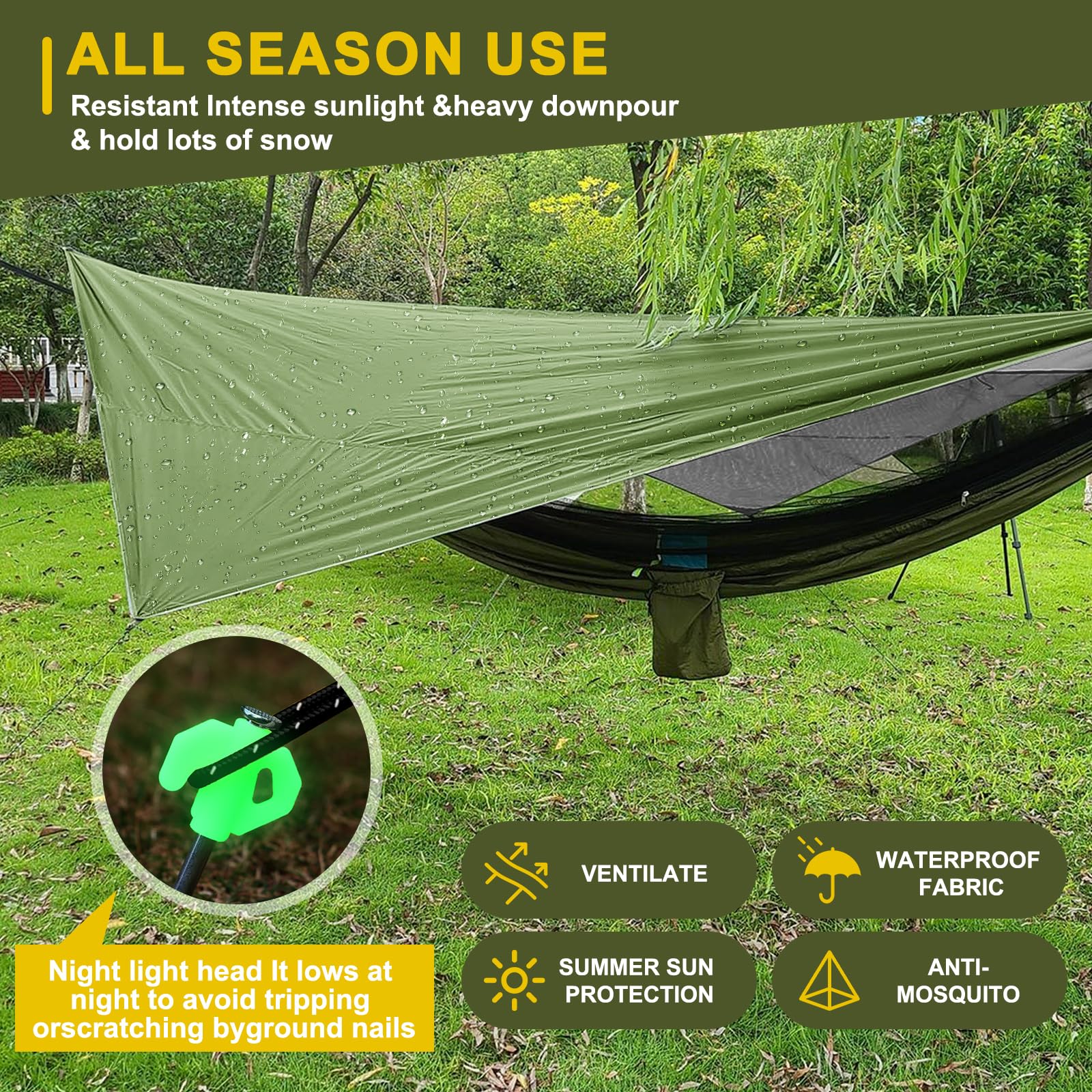Hossom Toldo Camping Impermeable, 3,4X2,6M Ultraligero y Portátil Toldo de Refugio, ienañda de Campa Hamaca, Protección UV, Anti Desgarro, Tarp para Hamaca Picnic Pesca Camping Senderismo