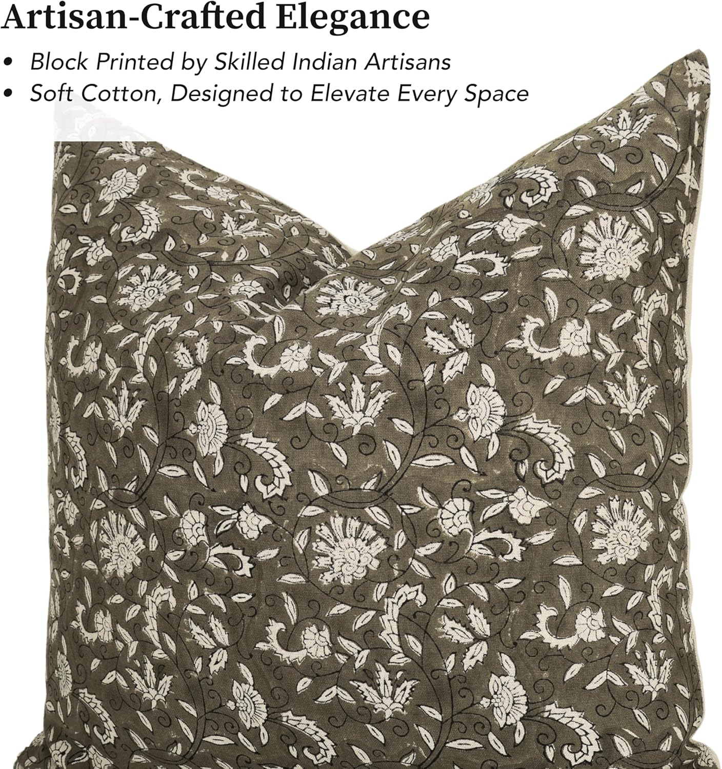 Handmade Block Print 100% Thick Cotton 20 x 20 inch Throw Pillow Cushion Cover with Zipper - Pillowcase for Bedroom, livingroom, Couch, Sofa, Outdoor, Chair, Bed, Home Décor-Lina (Grey Moss)