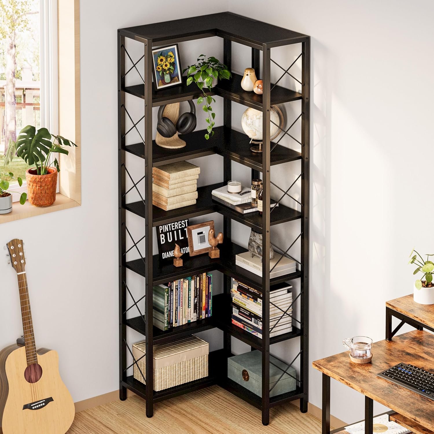 IRONCK Corner Bookshelf, 7-Tier Industrial Corner Bookcase, Tall Corner Shelf Storage Display Rack with Metal Frame for Living Room Home Office, Black