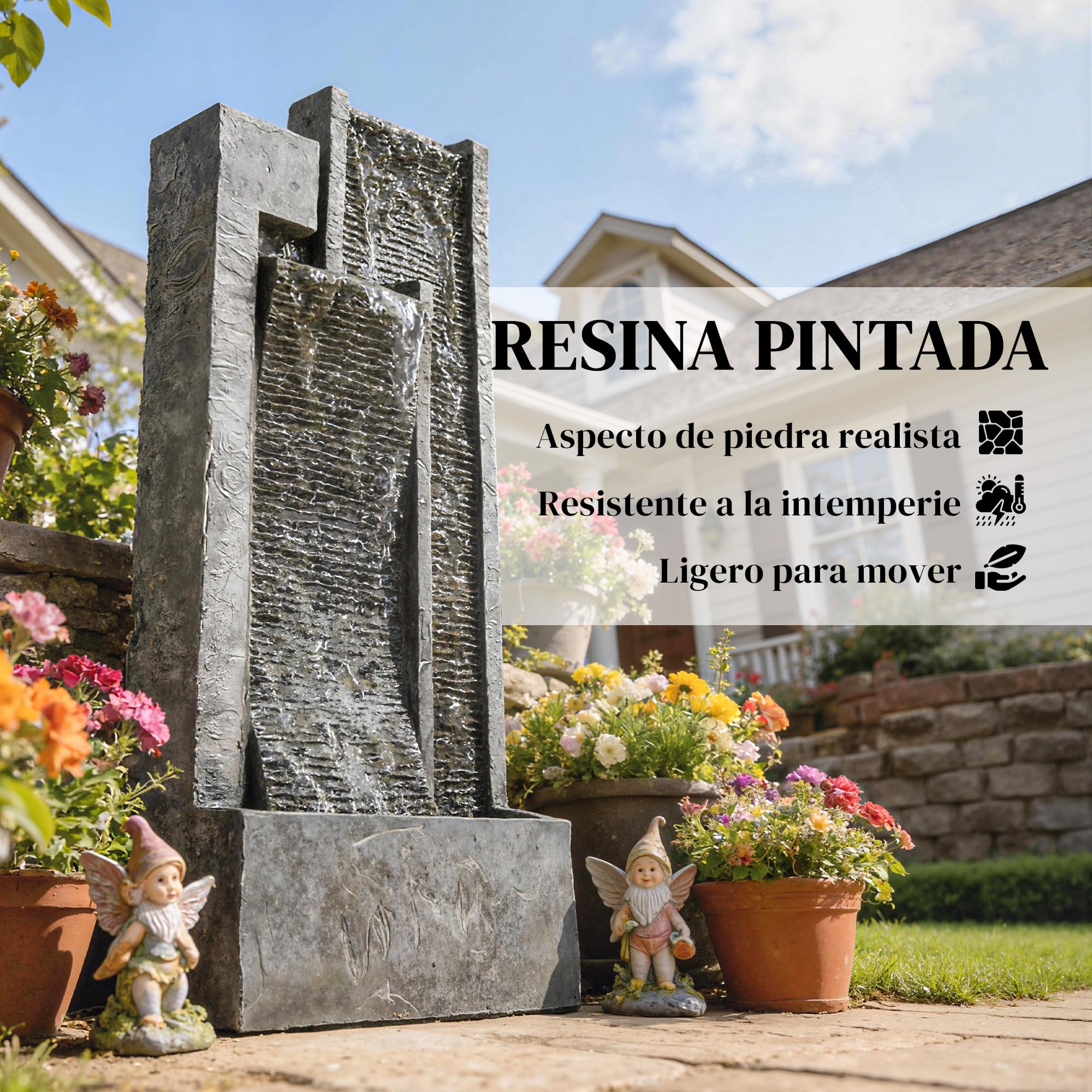 Outsunny Fuente de Agua Decorativa con Iluminación LED y Maceta, Fuente de Jardín Exteror en Cascada de 3 Niveles, con Bomba, Resistente a la Intemperie, para Jardín, Patio, 38x19x101 cm, Gris Oscuro