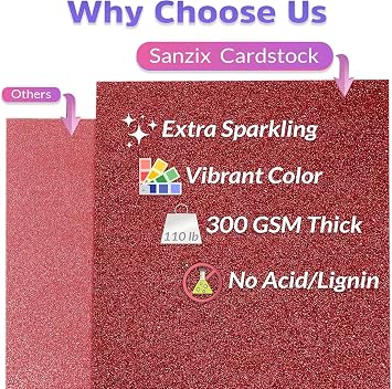 SANZIX 30 Sheets Red Glitter Cardstock Paper 12x12 300GSM for Christmas