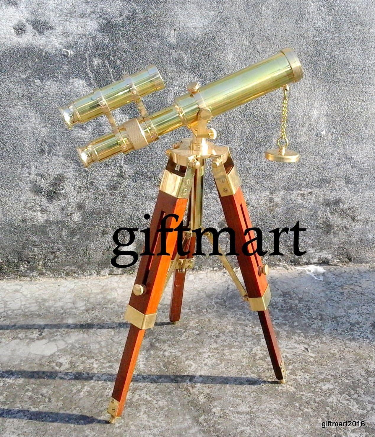 Nautical Antique Replica Brass Telescope with Wooden Tripod Desktop Stand Decor