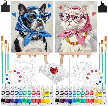 QUANWAISJ 2 Sets 10x12 Couples Painting Kit Date Night, Sip and Paint Kit for Adults with Pre-Drawn Canvas Easels Included, Perfect for Date Night Painting and Sip Parties Cool Cat