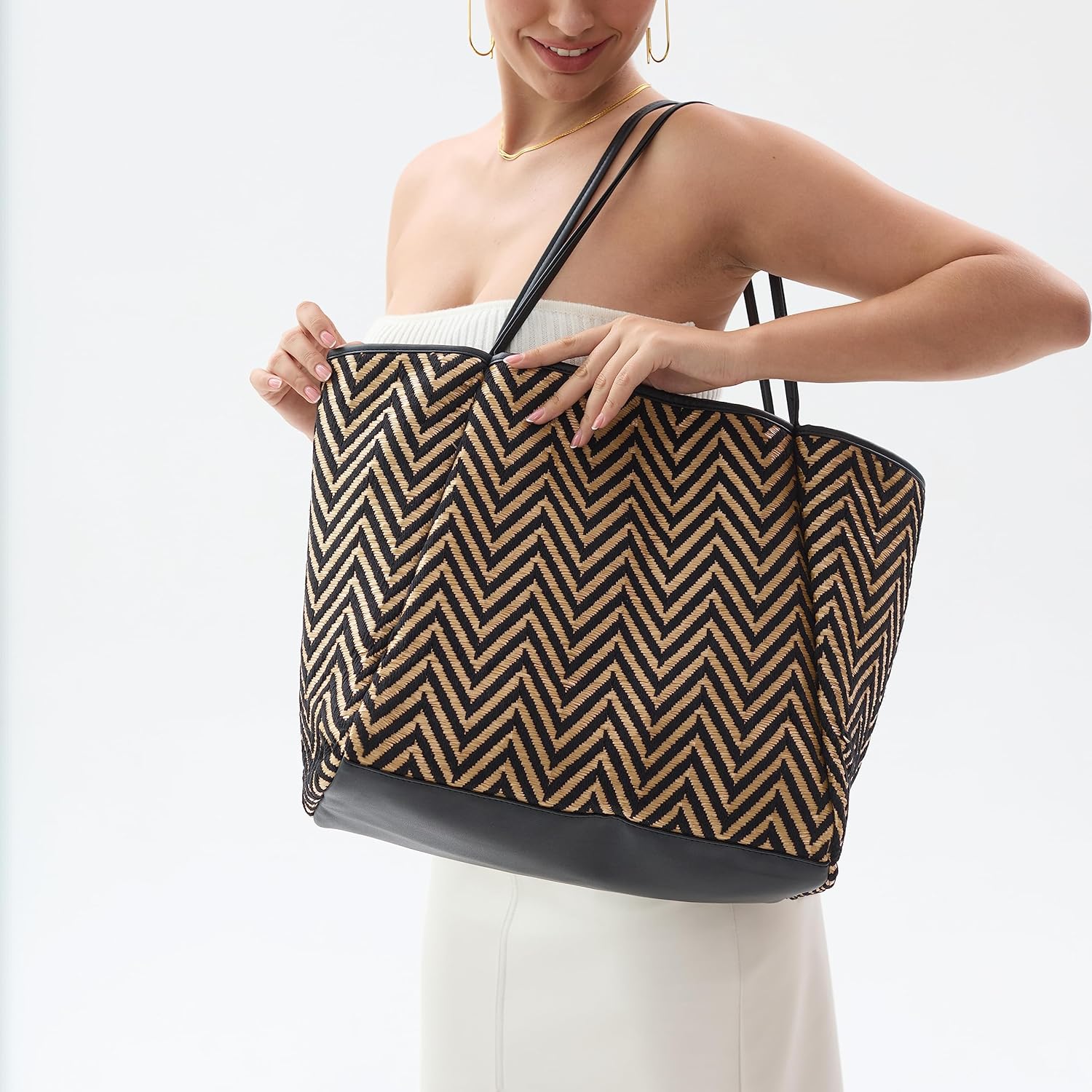 HOXIS Oversized Beach Tote with Vegan Leather Trim Women Shoulder Handbag - Image 2