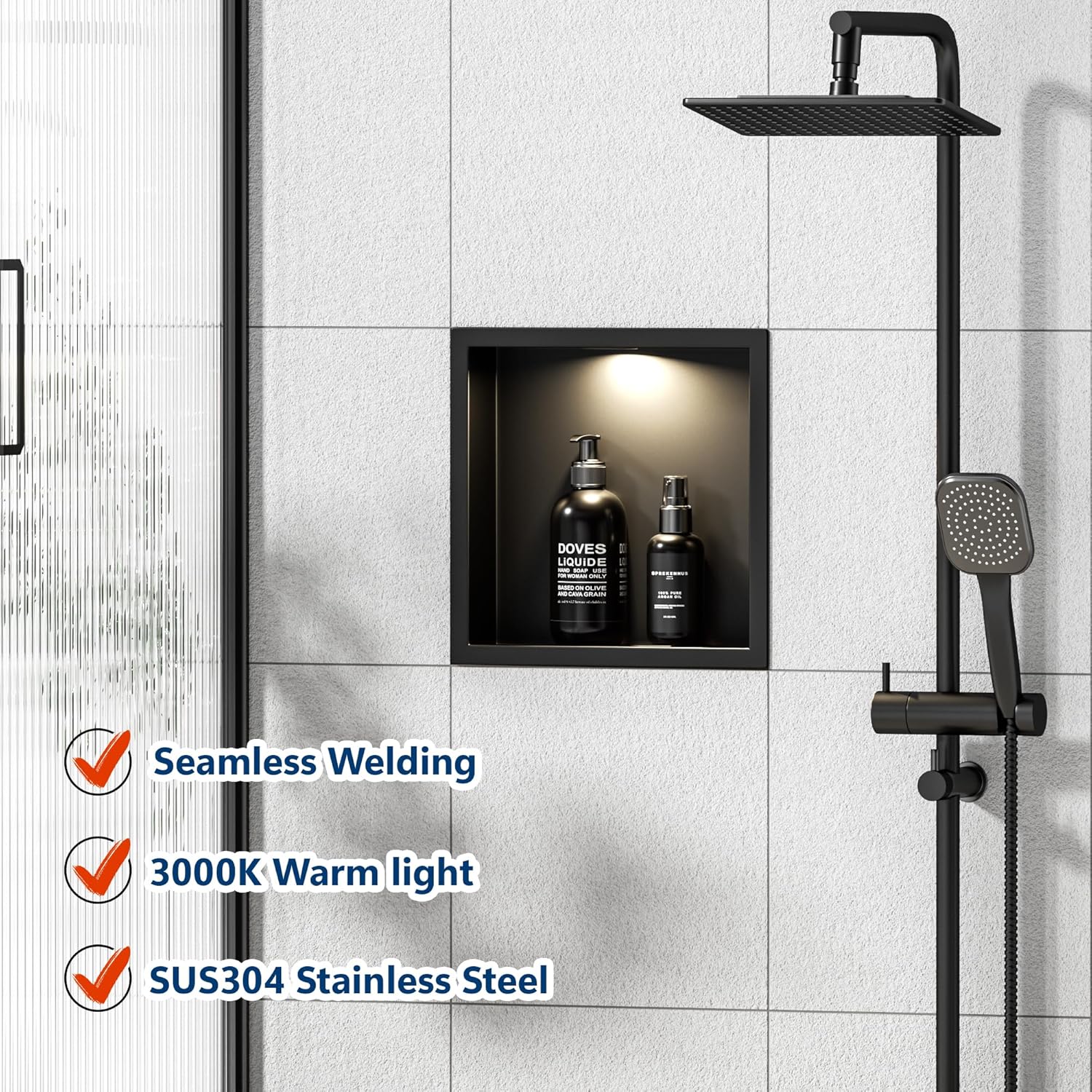 Stainless Steel Shower Niche 12" X 12", No Tile Needed Wall Niche with Non-Dimmable Led Downlight, Recessed Shower Shelf for Bathroom Storage, Over Mount Installation, Matte Black