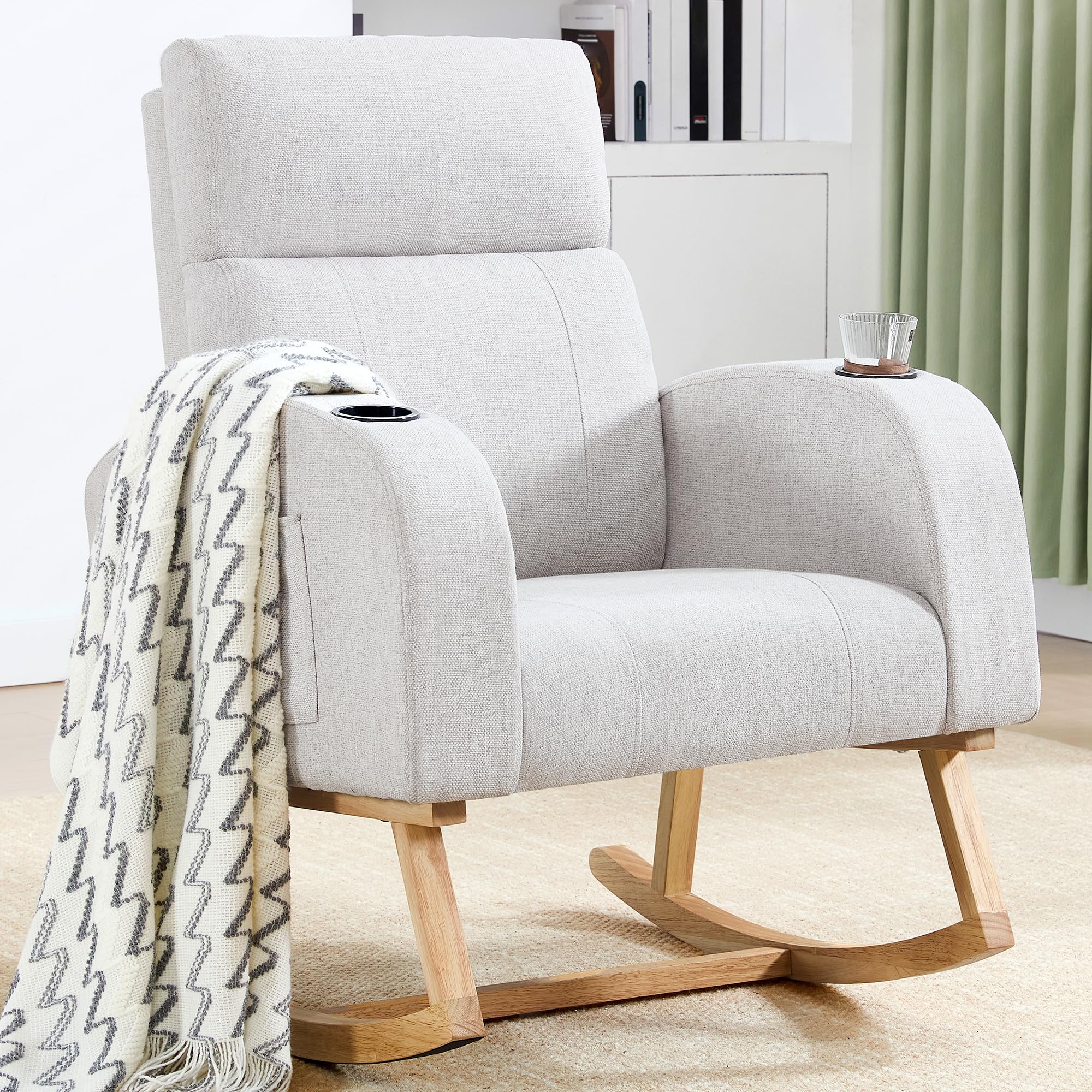 HCHAIRH Rocking Chair Nursery, Nursing Rocking Chairs for Mom Nursery, Fabric Rocker Glider Chair with High Backrest for Living Room, Bedroom, Light Grey