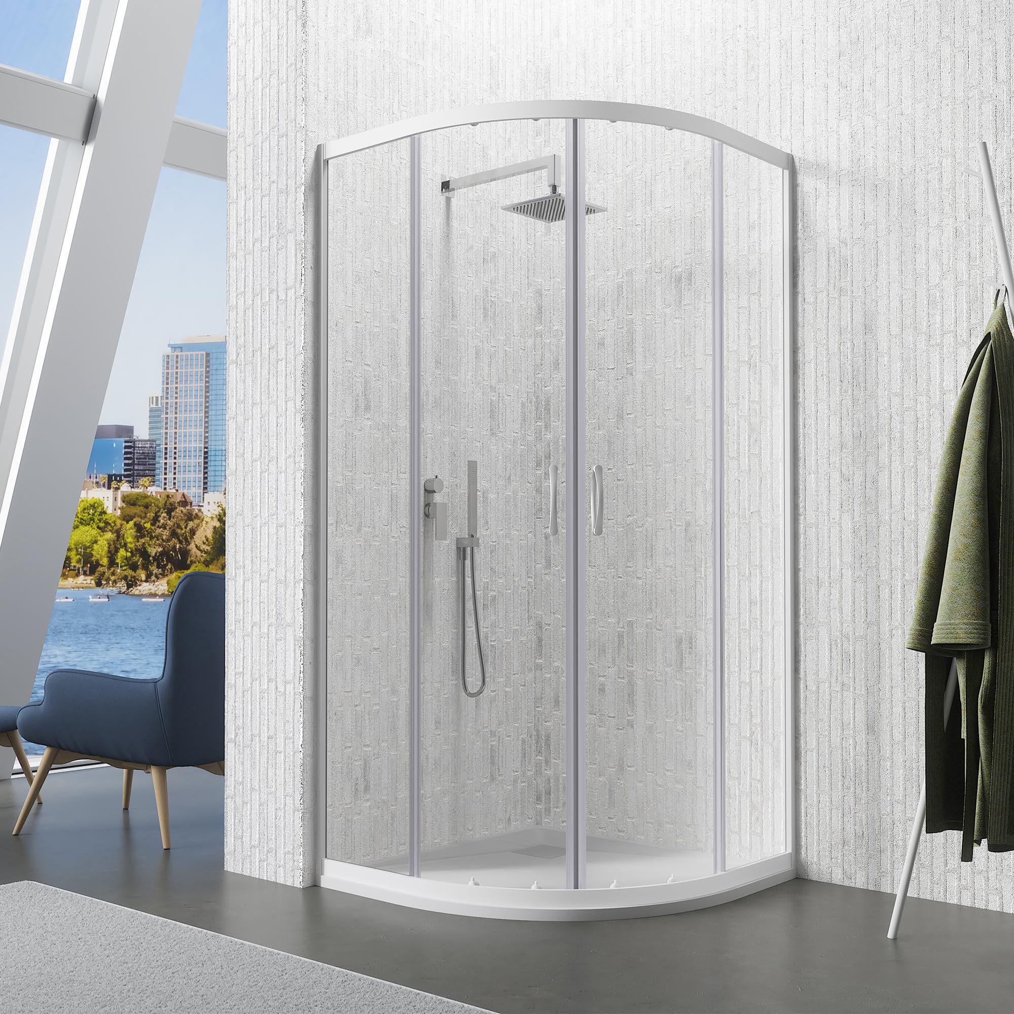 Box Doccia Semicircolare Vetro 4 mm Profili Bianchi h185cm mod. Grenada (Vetro Trasparente, 90x90)