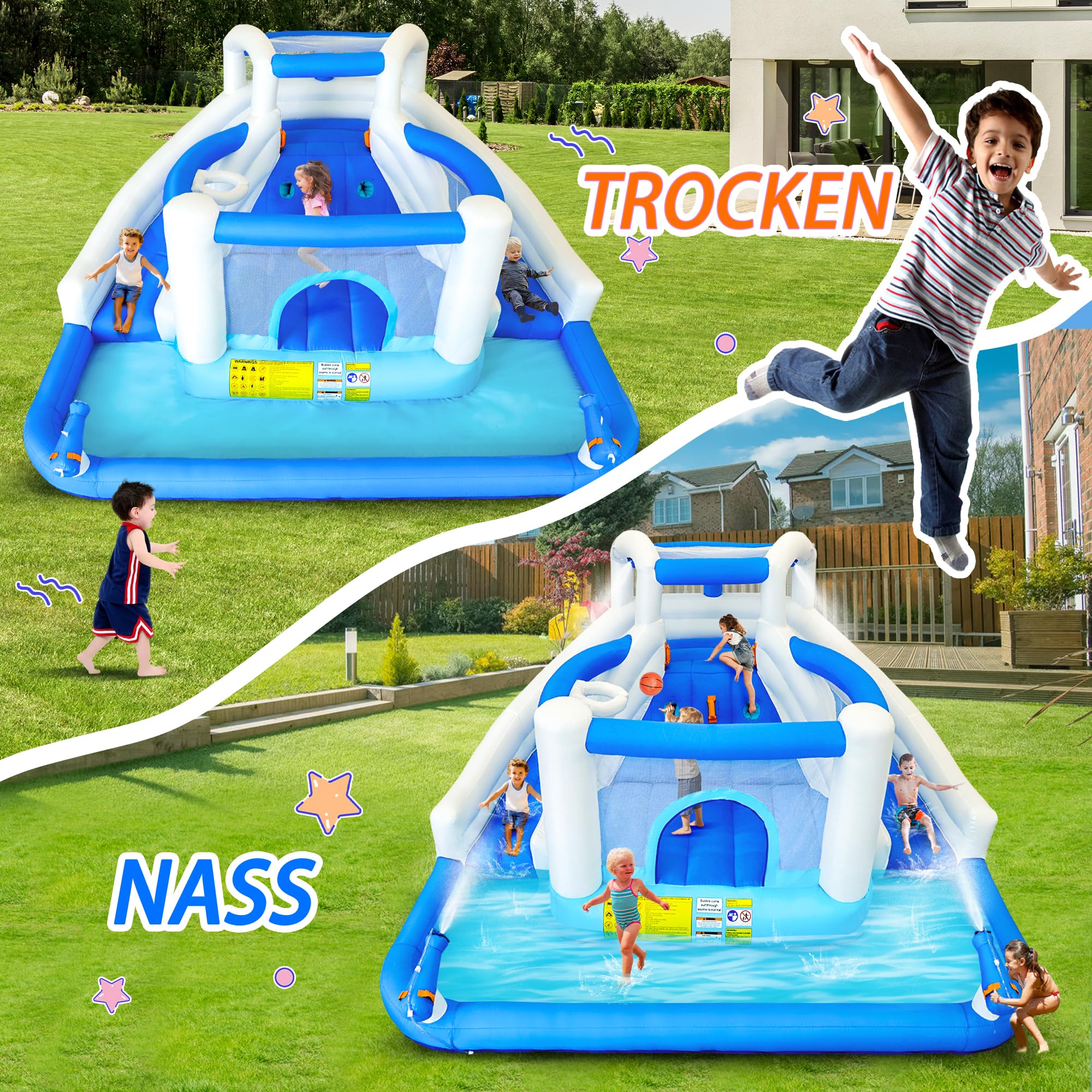 Castillo hinchable con tobogán acuático, trampolín, canasta de baloncesto y 2 pistolas de agua, castillo hinchable para niños, adecuado para jardín y fiesta