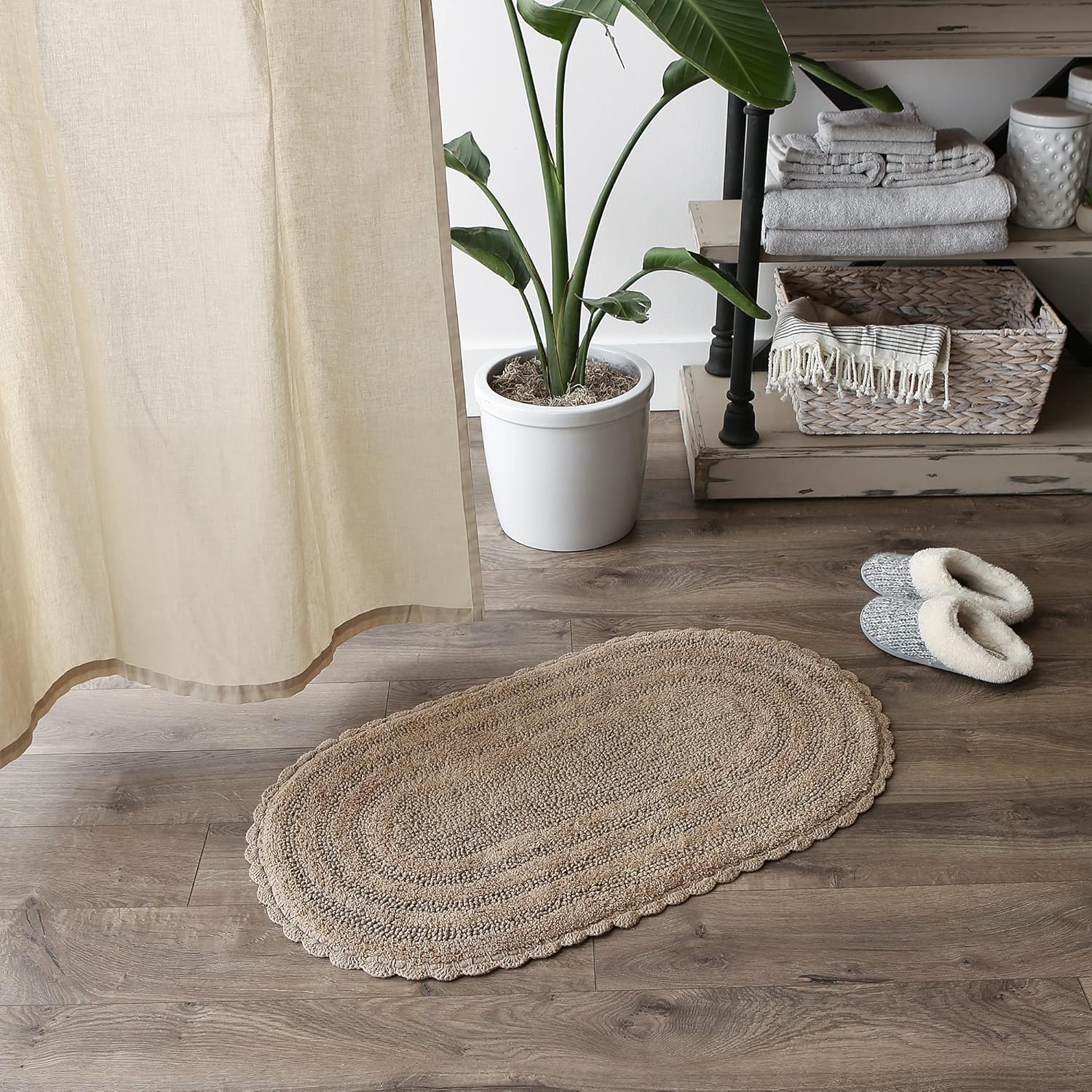 DII Crochet Collection Reversible Bath Mat, Large Oval, 21x34, Stone
