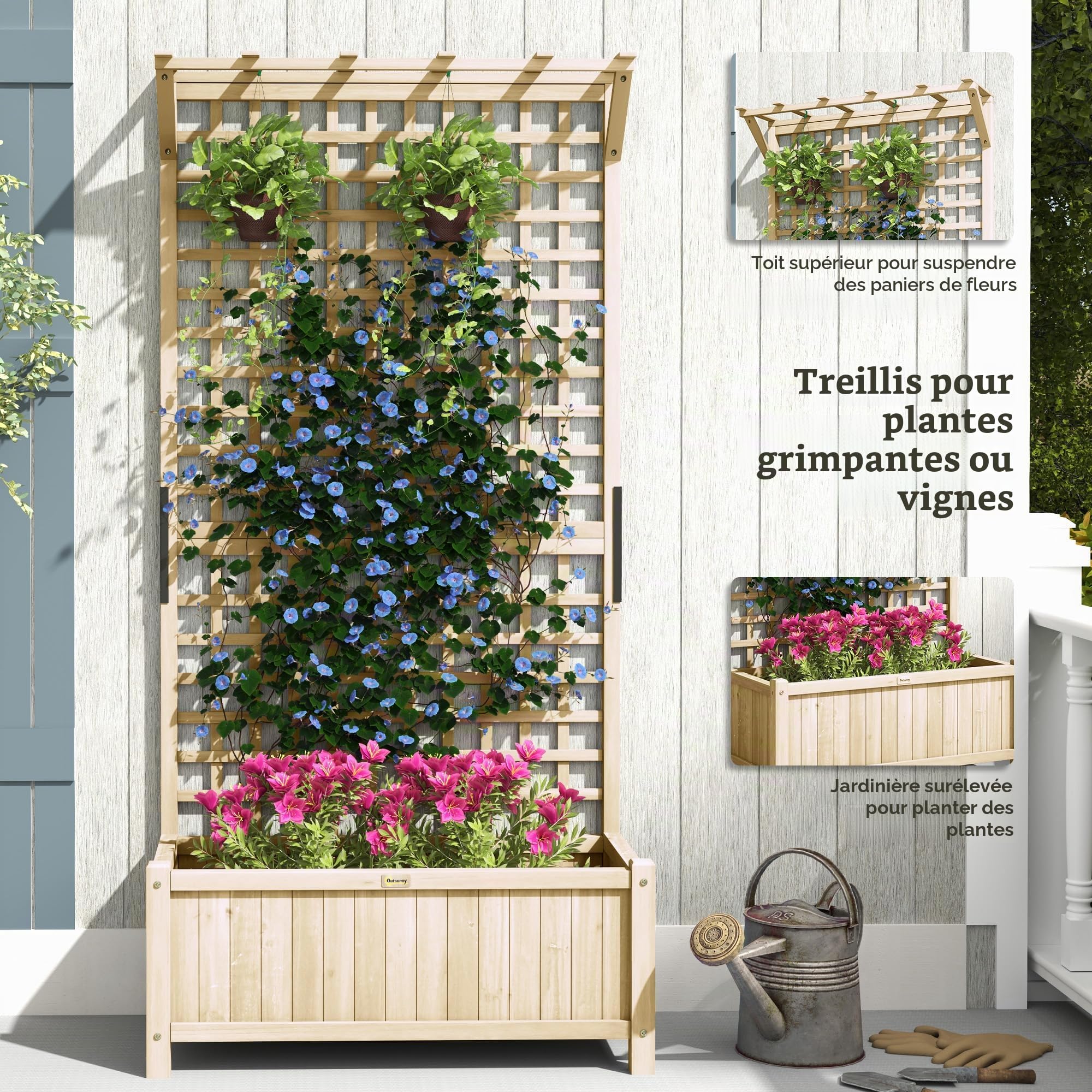 Outsunny Jardinière en bois avec treillis pour plantes grimpantes, plate-bande surélevée, jardinière avec trous de drainage pour cultiver des légumes, des herbes et des fleurs pour jardin, terrasse