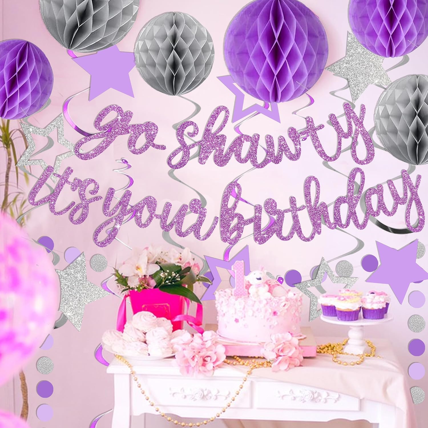 Puper Sliver Birthday Decorations, Go Shawty It's Your Birthday Banner with Honeycomb Balls, Star Hanging Swirl Streamer, Circle Dot Garland, Happy Birthday Party Decoration for Womens Girls image 2