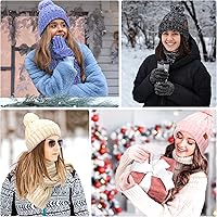 Vista 6 de Womens Winter Warm Beanie Hat Touchscreen Gloves Long Scarf Set Rib Cable Knit Fleece Lined Skull Pom Caps