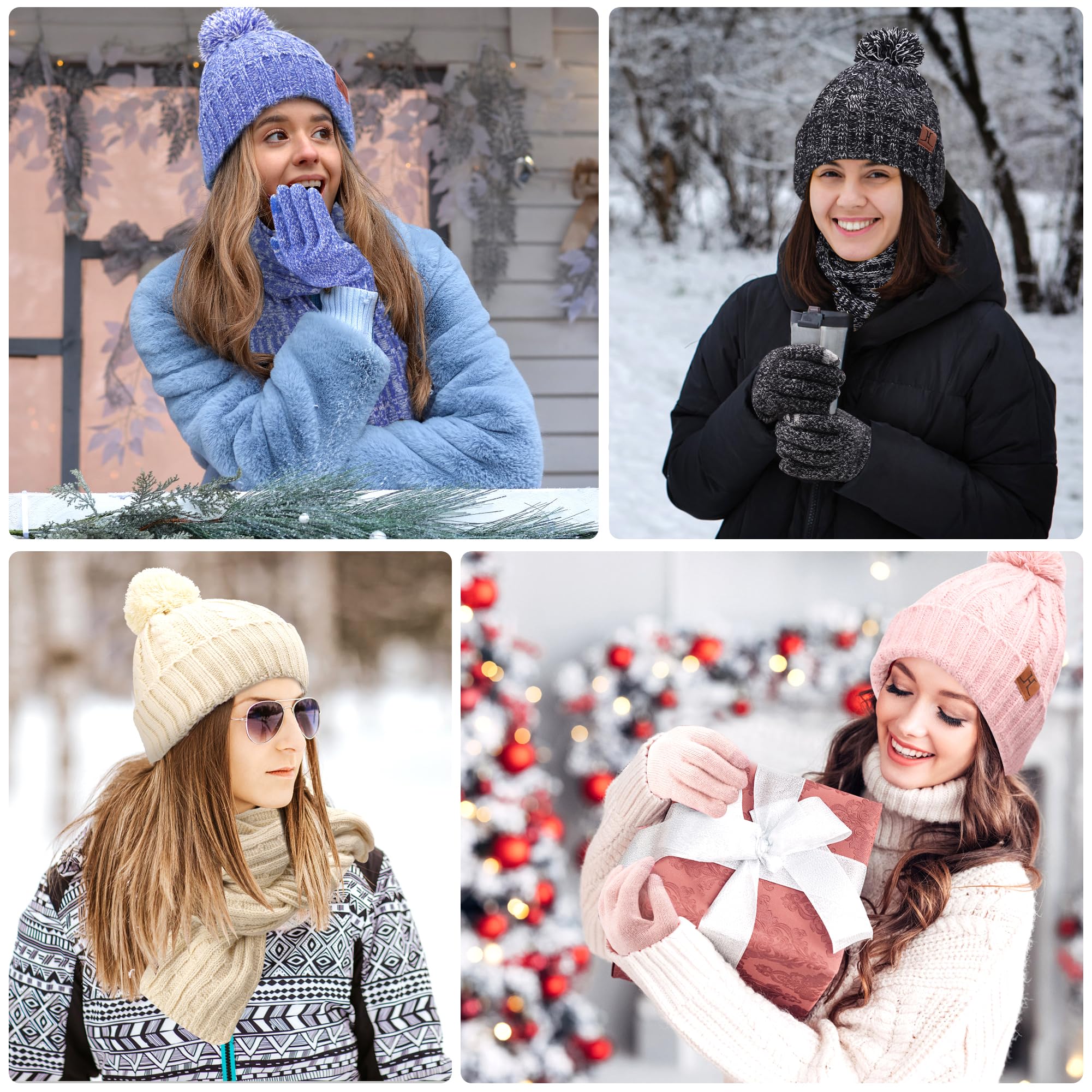 Bequemer Laden Femmes Hiver Chaud Bonnet Pompon Gants Tactiles Longue Echarpe Ensemble Tricot avec Doublure Polaire Cadeaux Noel Femme