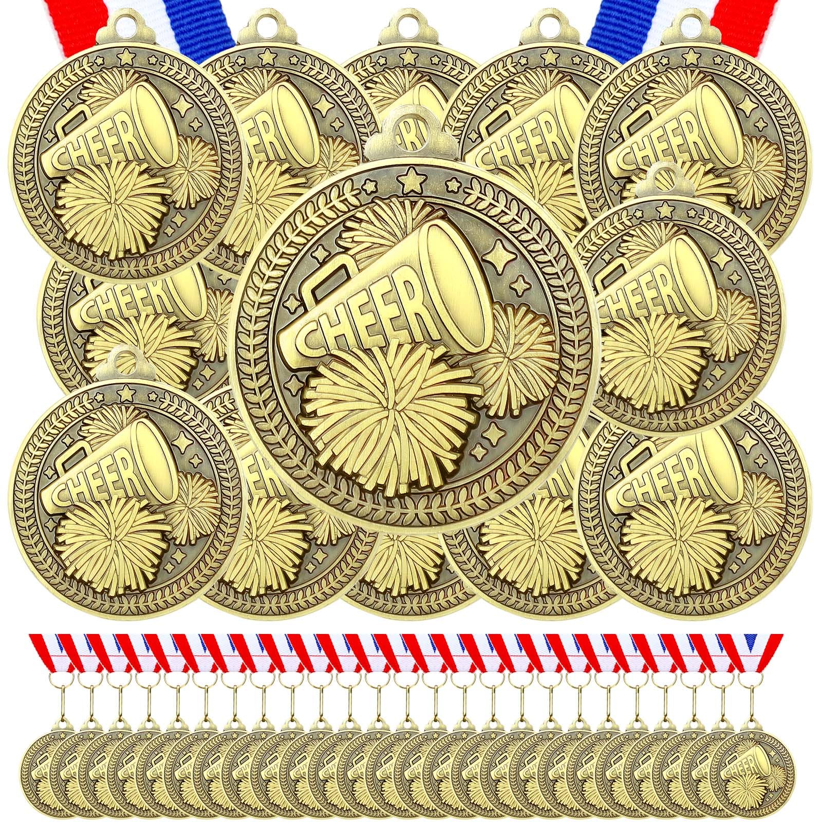 Remuuly 60 Pcs Gold Award Medals 2 Inch Soccer Baseball Volleyball Football Cheer Trophy Medals Metal Awards Bulk with Neck Ribbons Trophy Prize Gifts for Sports Competitions