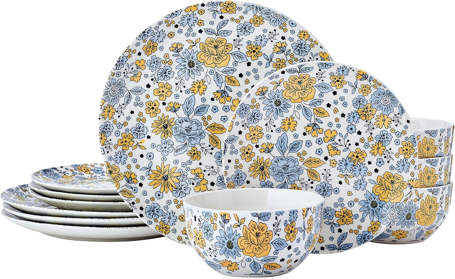 Pfaltzgtraff Vibrant Garden 12 Piece Floral Stoneware Dinnerware Plate Bowl Dish Set, Service for 4