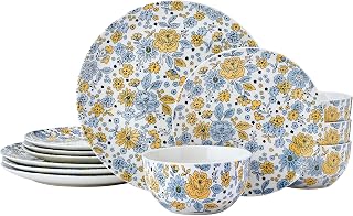 Pfaltzgtraff Vibrant Garden 12 Piece Floral Stoneware Dinnerware Plate Bowl Dish Set, Service for 4