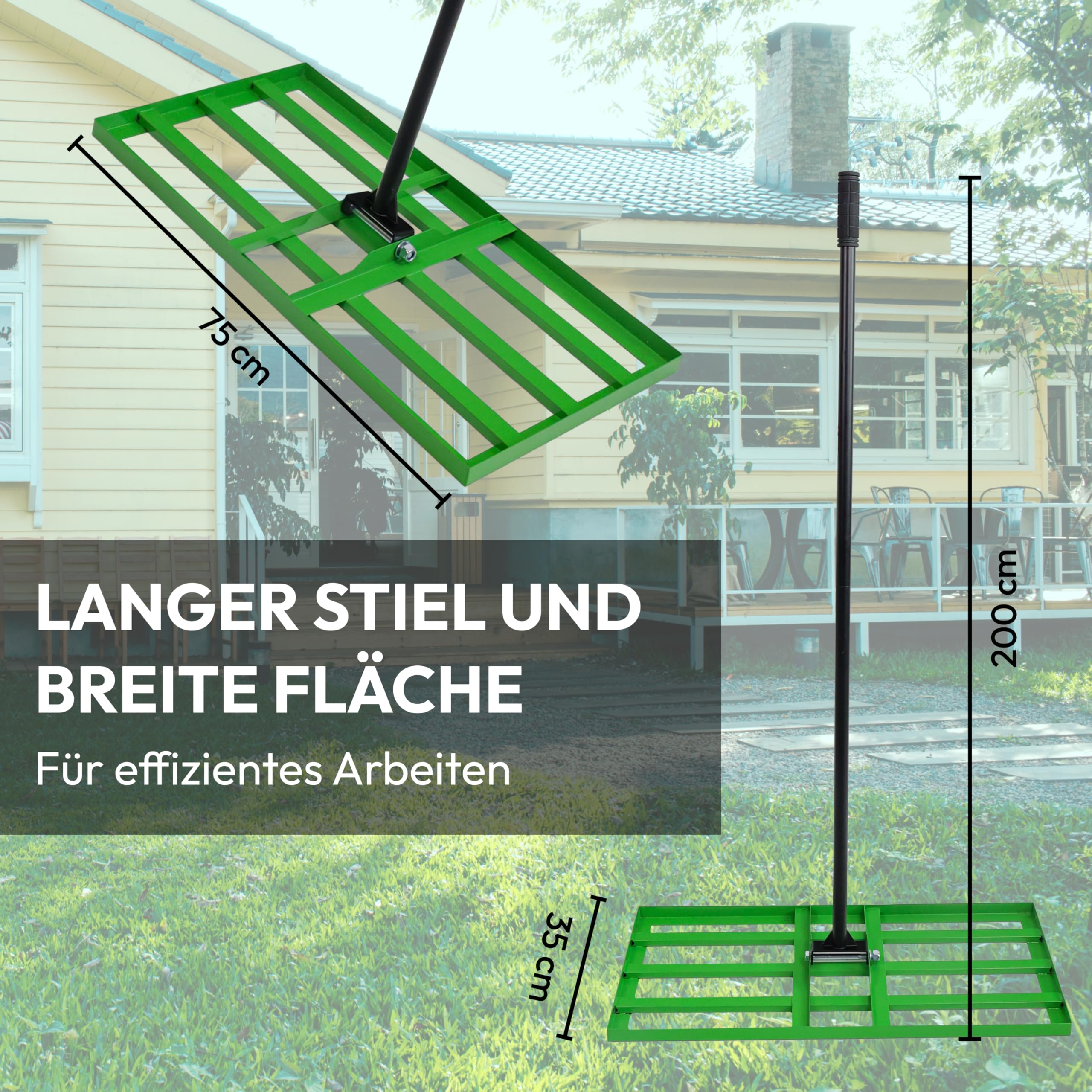 NovaTerra Rasenrakel 75x35 cm mit 2 Meter Stiel [für den perfekten Rasen] I Ideal zur Rasenpflege, Sandverteilung und Rasennivellierung I Leicht und handlich anwendbar Rasen rakeln