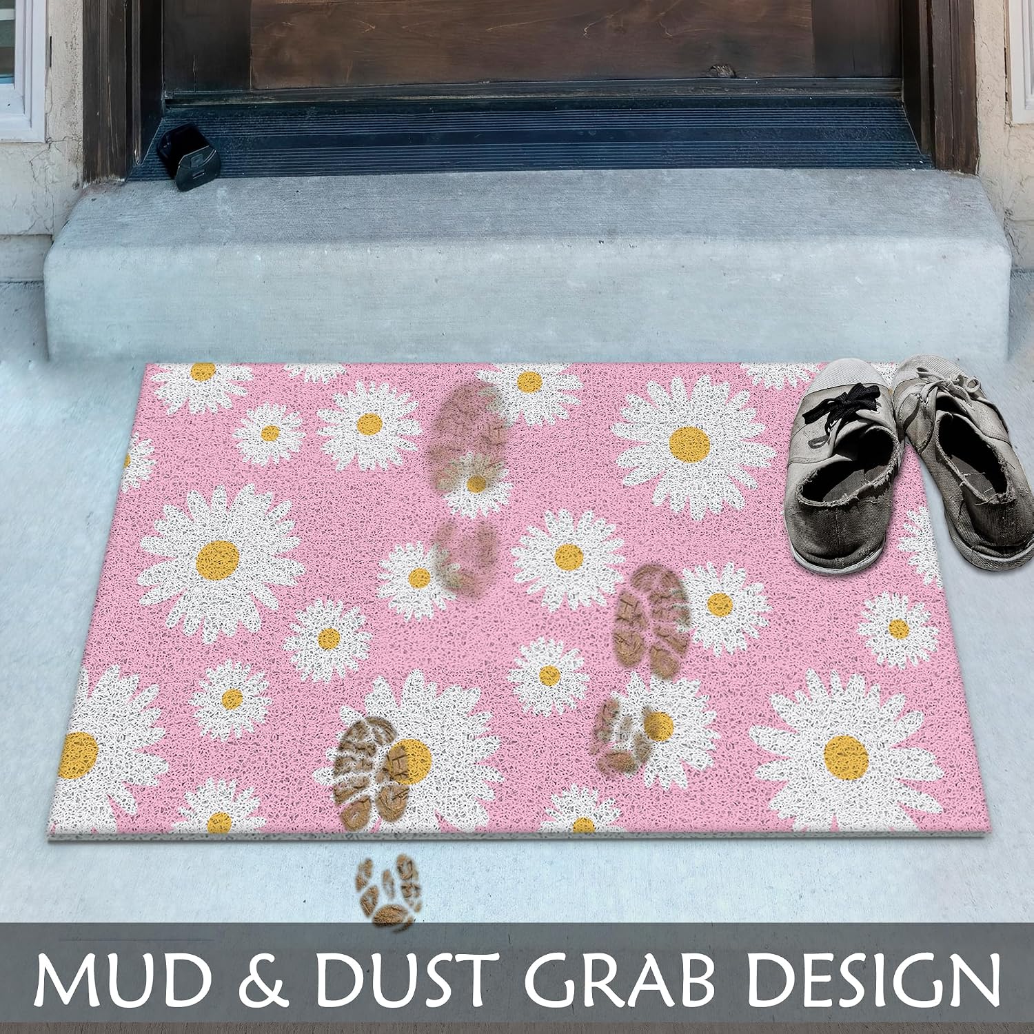 Pink Daisy Floral Welcome Door Mat for Front Outdoor Door Mat, Cute Doormat Outdoor Indoor Entrance, 17x30
