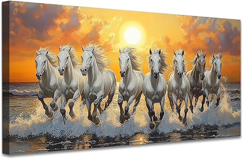 UZMKM Lienzo decorativo para la pared, pintura de paisaje de caballos corriendo vintage, lienzo enmarcado envuelto, impresiones de animales para el