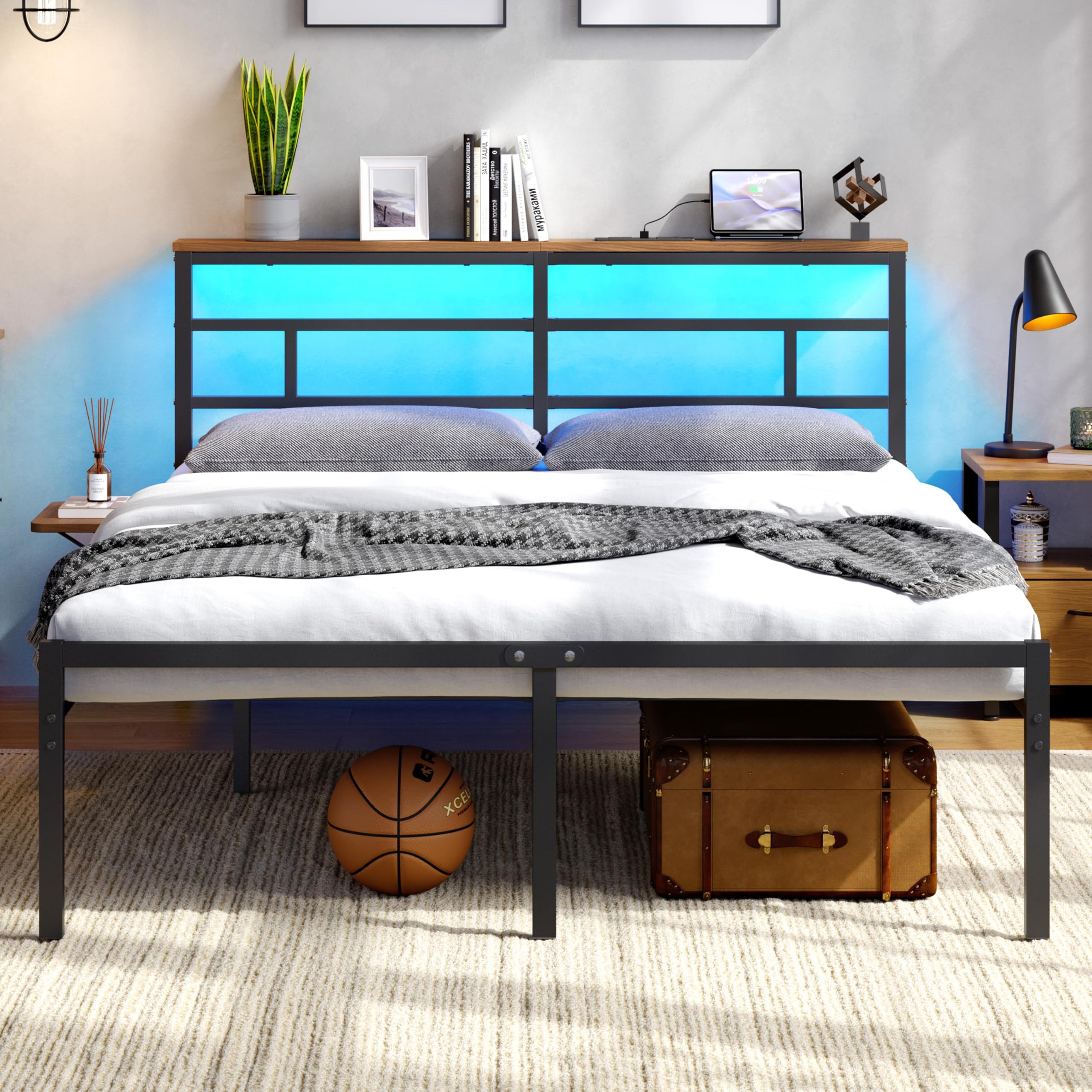 Yaheetech King Metal Bed Frame with LED Lights, 150 x 200 cm Bed Frame with Charging Station, Wooden Storage Headboard, Easy Assembly, Black