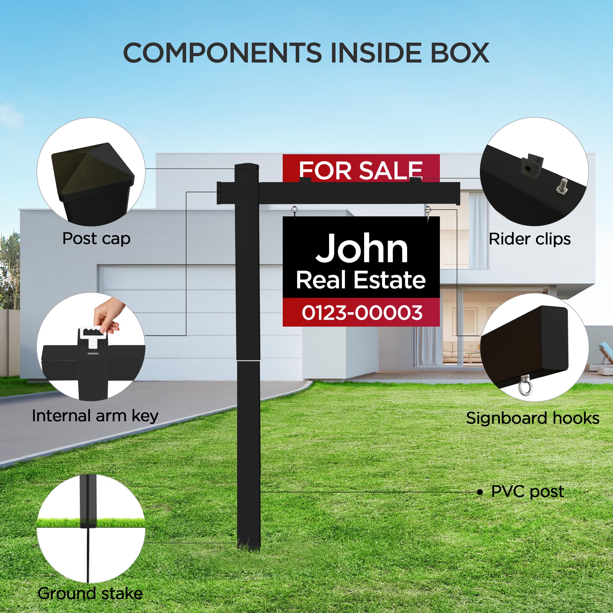 Postes de carteles de bienes raíces, soporte para letreros de bienes raíces, hecho de vinilo PVC, sostiene para venta carteles de patio de hasta 24 pulgadas