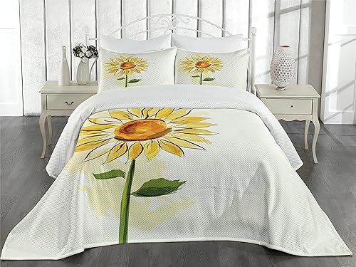 Miniatura 2 de Lunarable Colcha de flores, girasol de verano en acuarela suave tono pastel pétalos grandes, juego de colcha acolchada decorativa de 3 piezas con 2