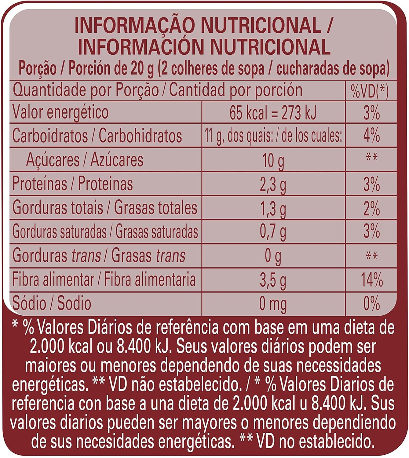 Imagem frontal com fundo sólido destacando a tabela nutricional. Imagem frontal com fundo sólido destacando a tabela nutricional.