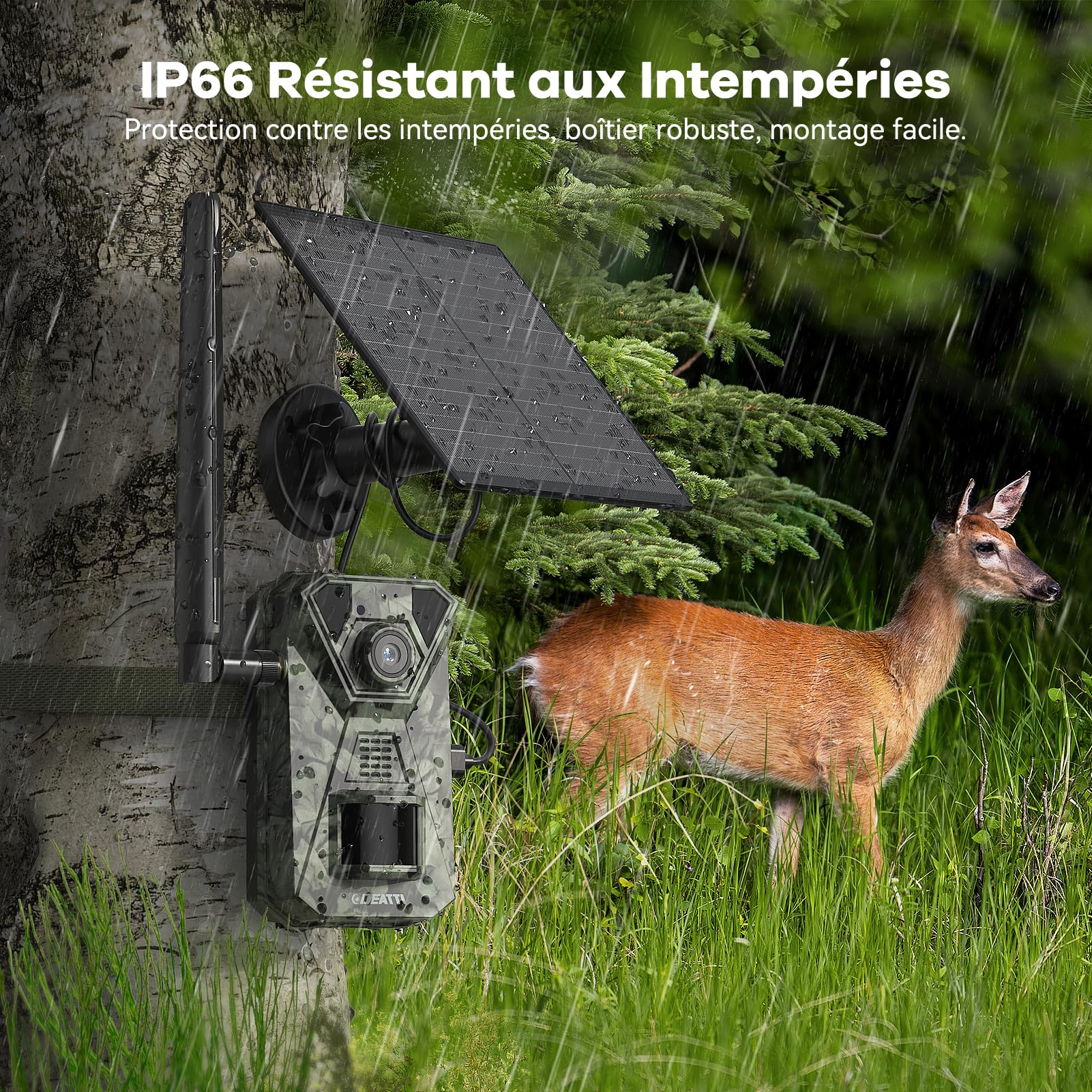 DEATTI 4G LTE Caméra de Chasse Connectée Téléphone, 2.7K HD Caméra Chasse Solaire avec Carte SIM Préinstallée, Vision Nocturne Animaux, Étanche IP66, Batterie 7800mAh (sans Carte SD)