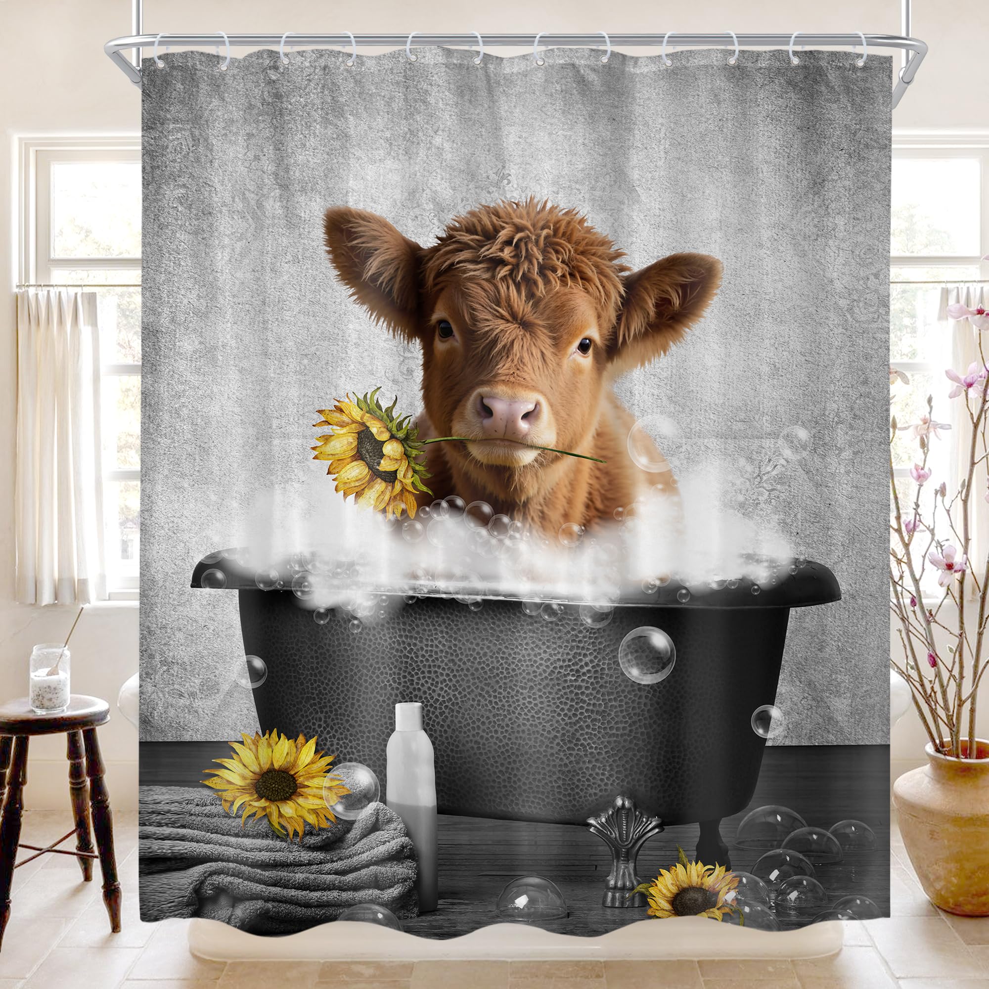 Cinbloo Funny Highland Cow Shower Curtain 60Wx72H Country Western Cute Cattle Bathroom Curtain Farmhouse Grey Calf with Sunflower in Bathtub Bath