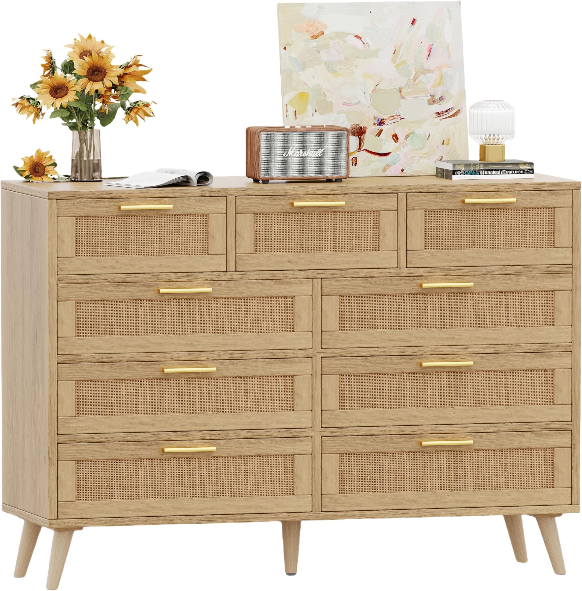 Rovaurx 9 Drawers Dresser for Bedroom, Boho Chest of Drawers with Metal Handles, Wooden Storage Organizer with Rattan Drawers for Closet, Living Room, Hallway, Natural RDG009M