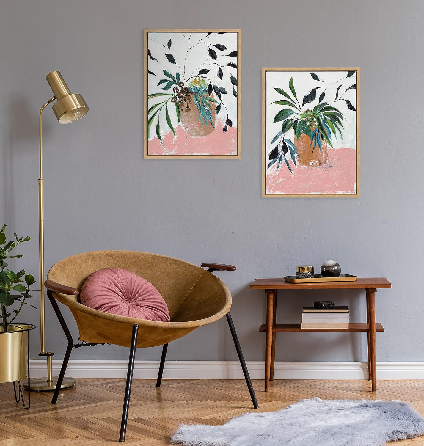 Kate and Laurel Sylvie Wild Foliage l and II Framed Canvas Wall Art Set by Nikita Jariwala; 2 Piece Set 18x24 Natural; Modern Painted Greenery Bouquet Art for Wall