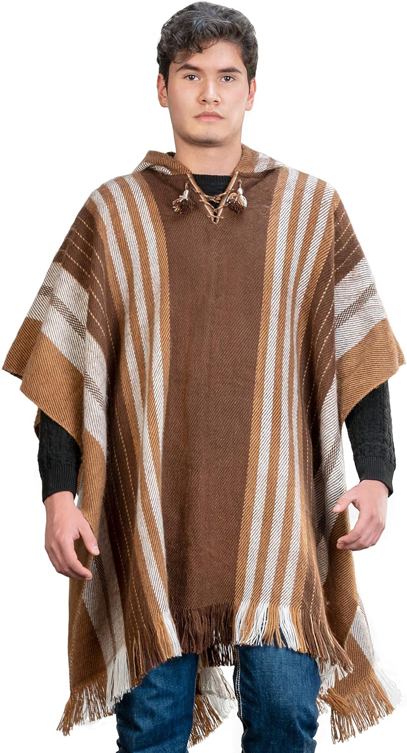 Alpaca Hooded Poncho for Men- Wool Cape with Hood - Winter Long Poncho - Comfortable House Coat Brown
