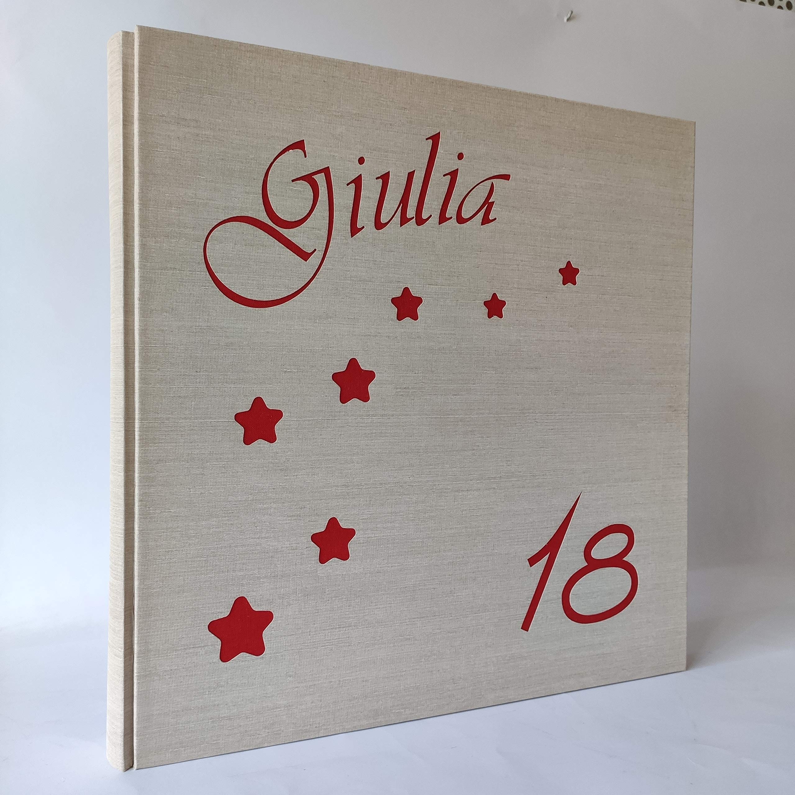 Album fotografico 18 ANNI artigianale in TELA DI LINO STELLINE + NOME e NUMERO ANNI INCISI E PERSONALIZZABILI regalo originale compleanno colori e numero personalizzabili