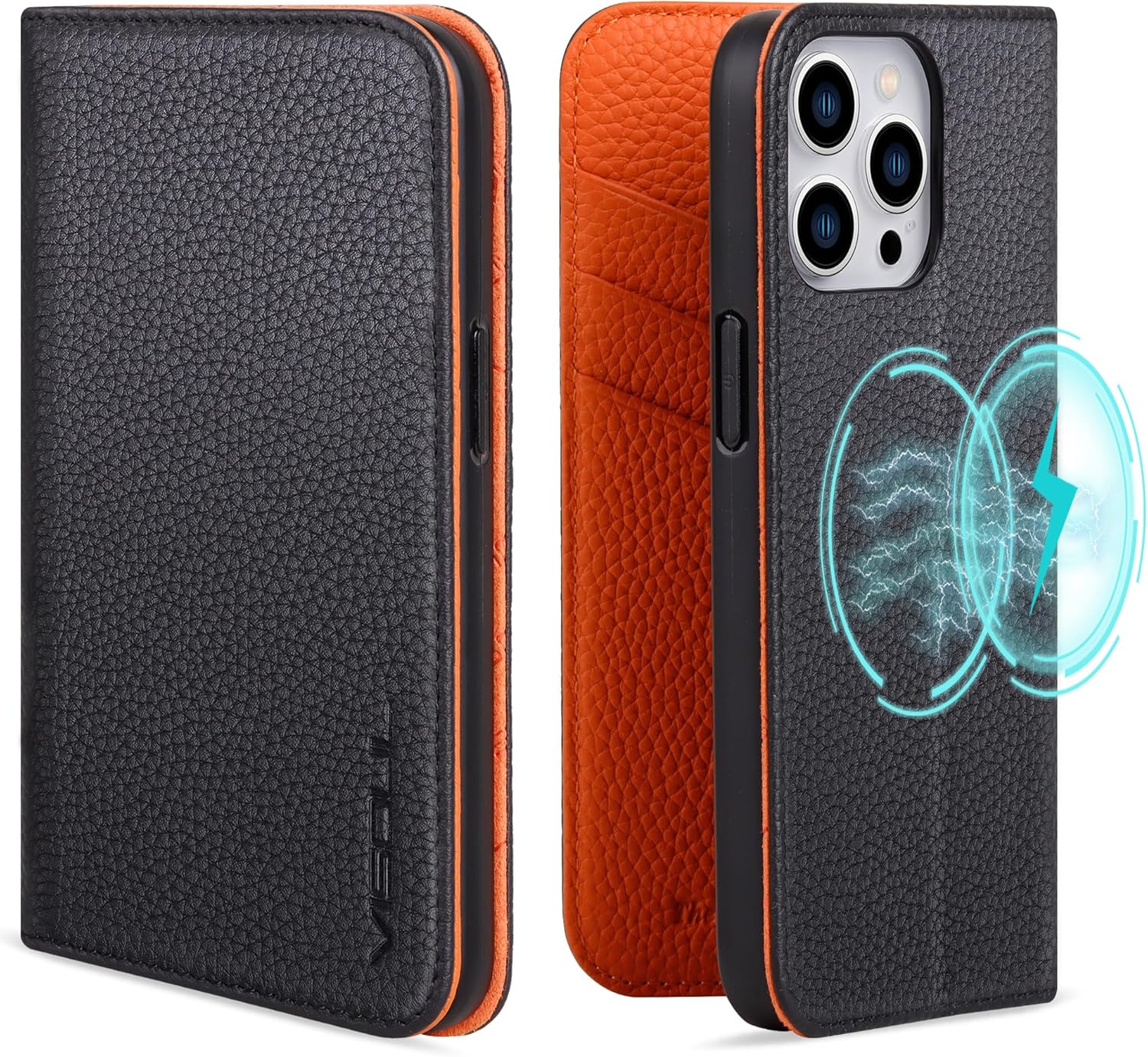 VISOUL Pebbled Real Leather Case for iPhone 15 Pro Wallet Case with Card Holder, Magnetic Kickstand Flip Folio Cover Compatible with iPhone 15 Pro(6.1-inch)(Black+Orange)