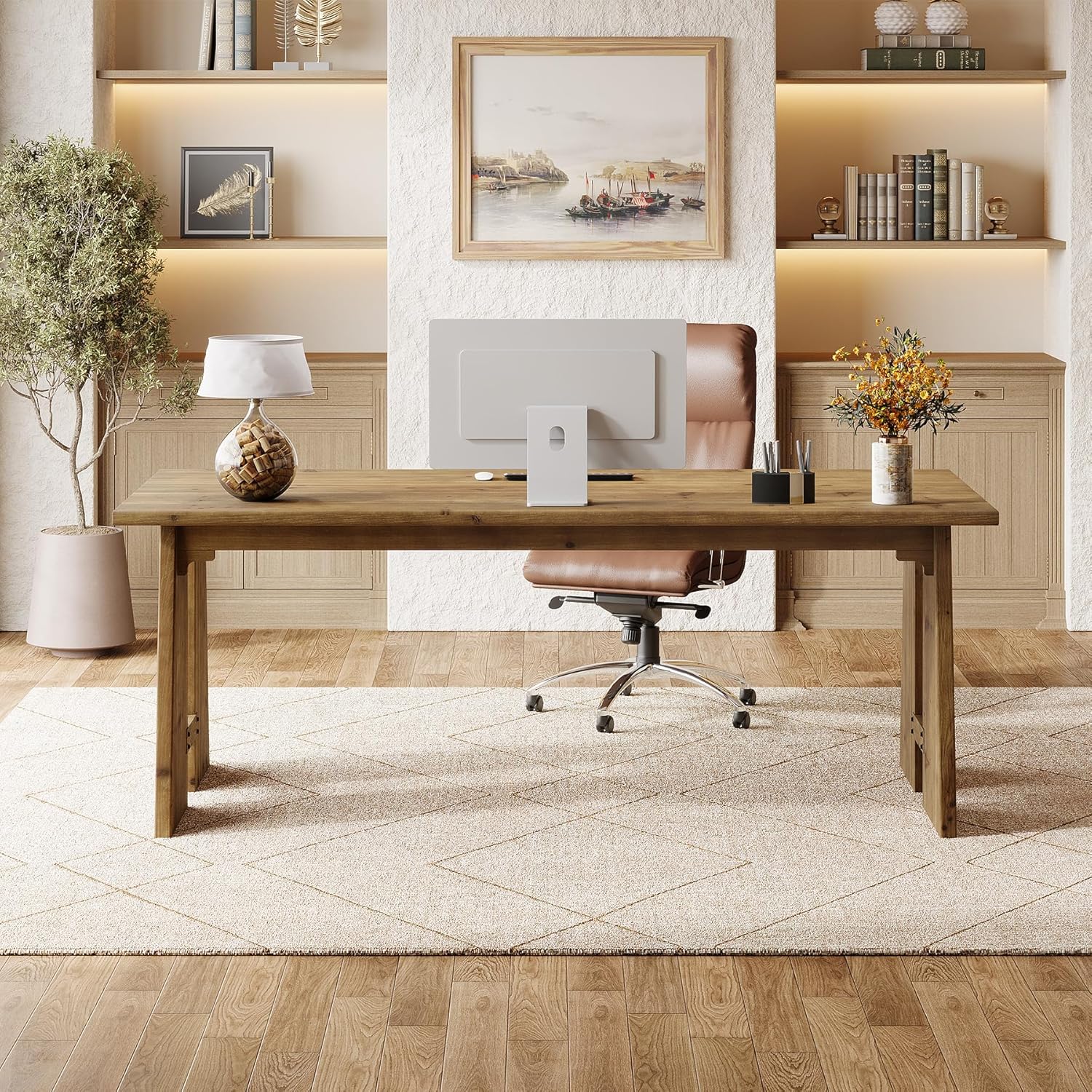 Solid Wood Executive Desk, 70.9-Inch Long Office Computer Desk with Sturdy Wooden Legs, Farmhouse Workstation for Home Office, Rectangular Conference Table for Meeting Room (Brown)