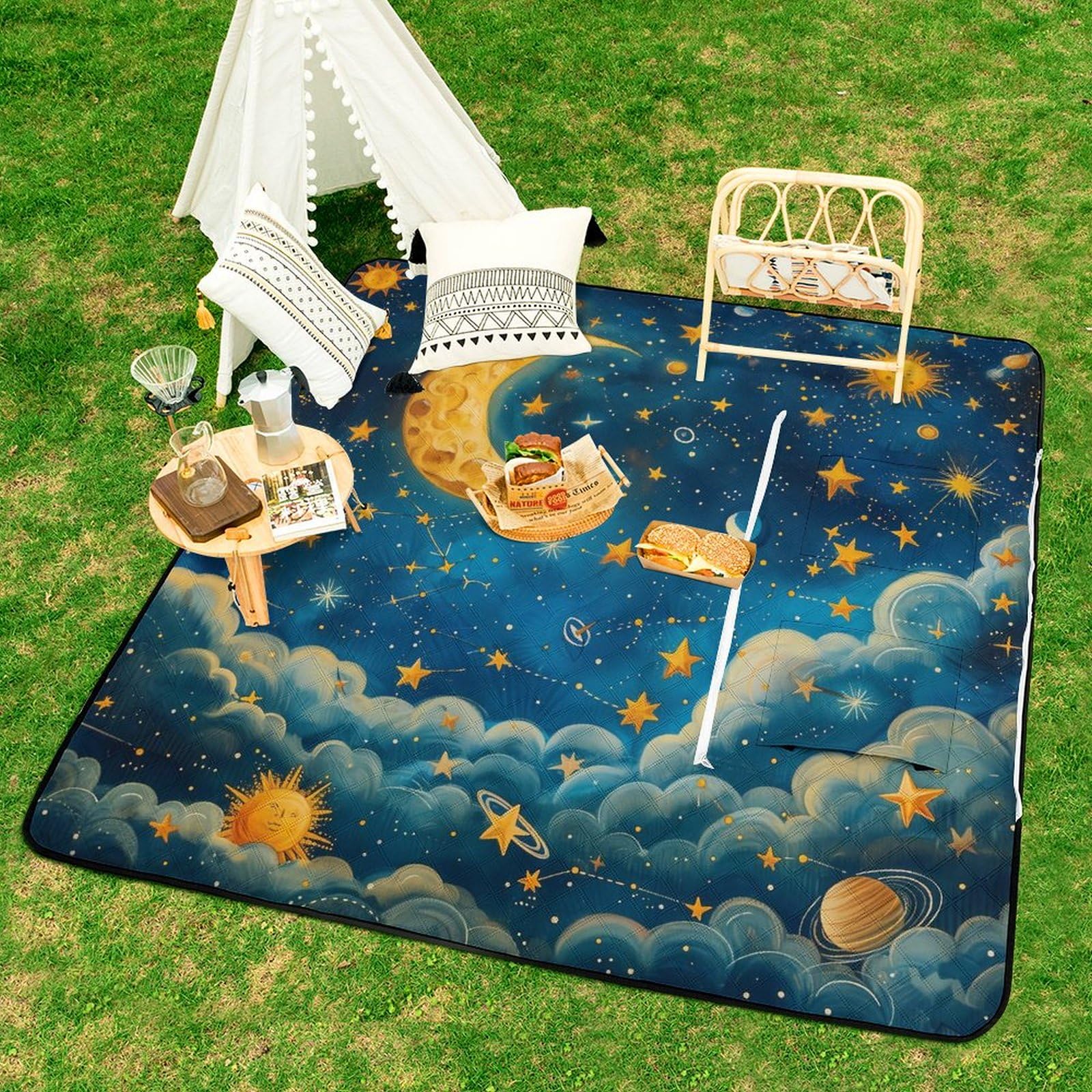 3D Impression Le Ciel étoilé Couverture Pique Nique La Lune Tapis Pique Nique Tapis Plage Couverture De Pique-Nique pour Jardin,Nappe, BBQ, Randonnée 148x148cm