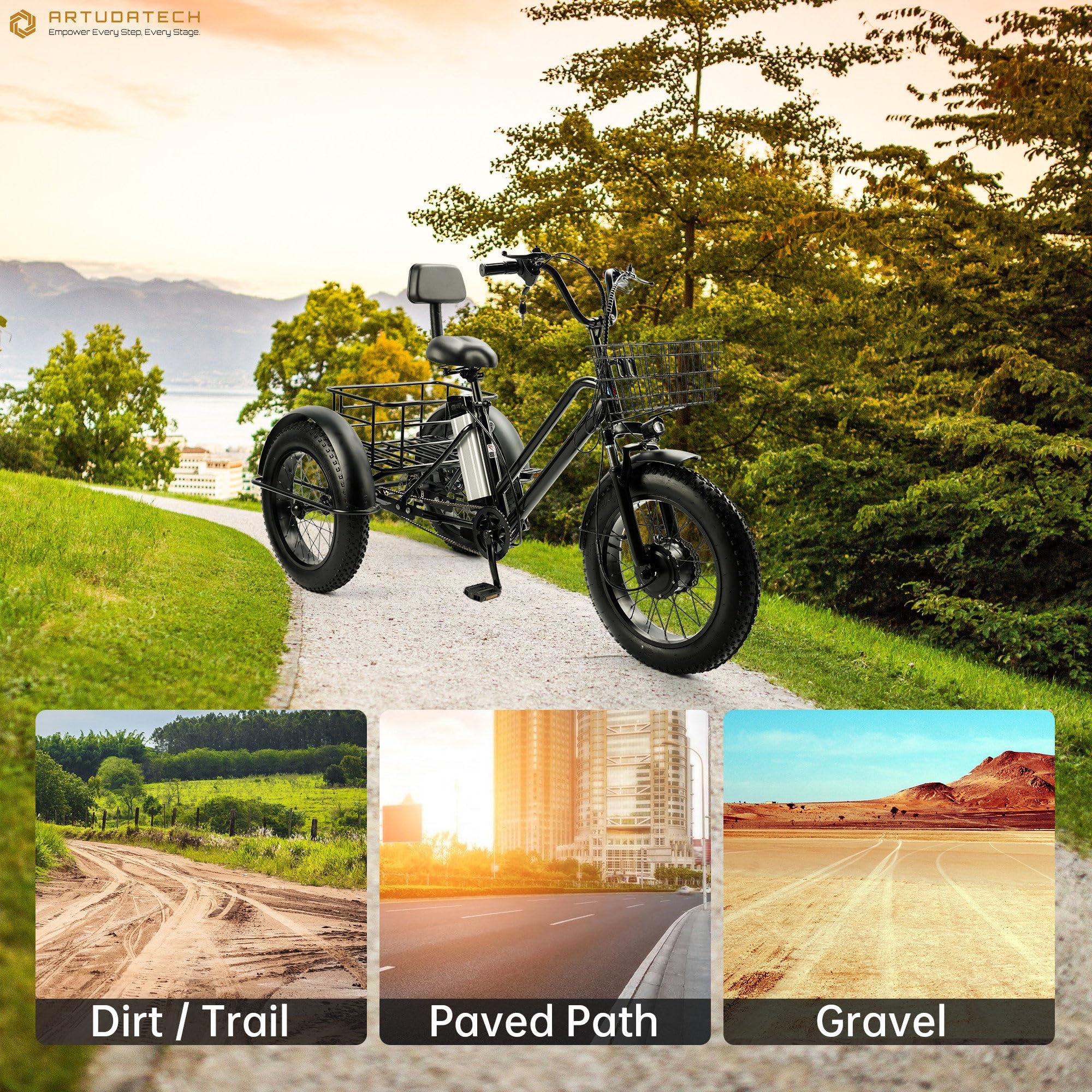 Tricycle éLectrique 3 Roues pour Adultes - Batterie Amovible 48V/12Ah, VéLo Cargo éLectrique 20'', Pneus Larges, Autonomie 35, pour Courses Et Pique-Niques, Charge Maximale 200Kg