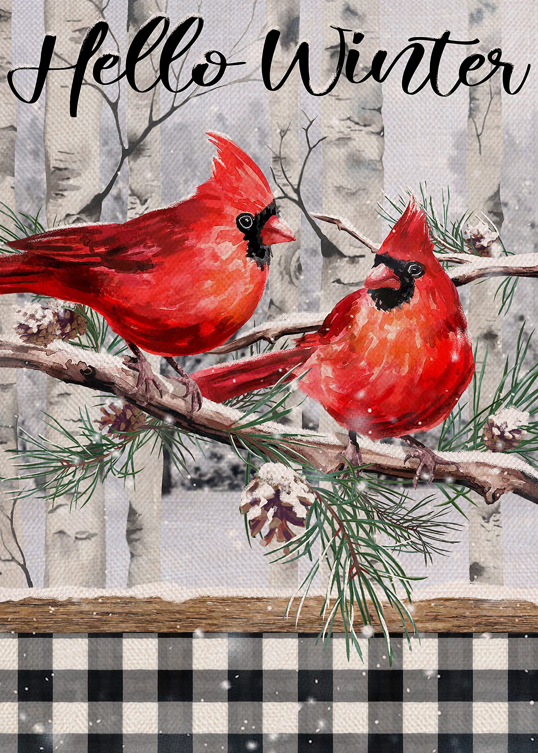 Home Decorative Hello Winter Cardinal Garden Flag Black White Buffalo Plaid Check House Yard Red Bird Tree Branch Snow Pinecone Outside Decoration Christmas Farmhouse Outdoor Small Decor 12x18