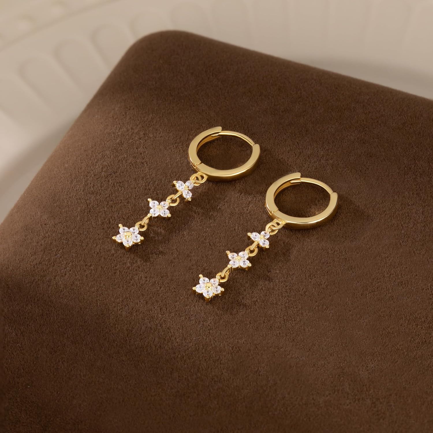 Reffeer Solid 925 Sterling Silver CZ Flower Chain Dangle Earrings for Women Teen Girls Chain Drop Hoop Earrings - Image 5