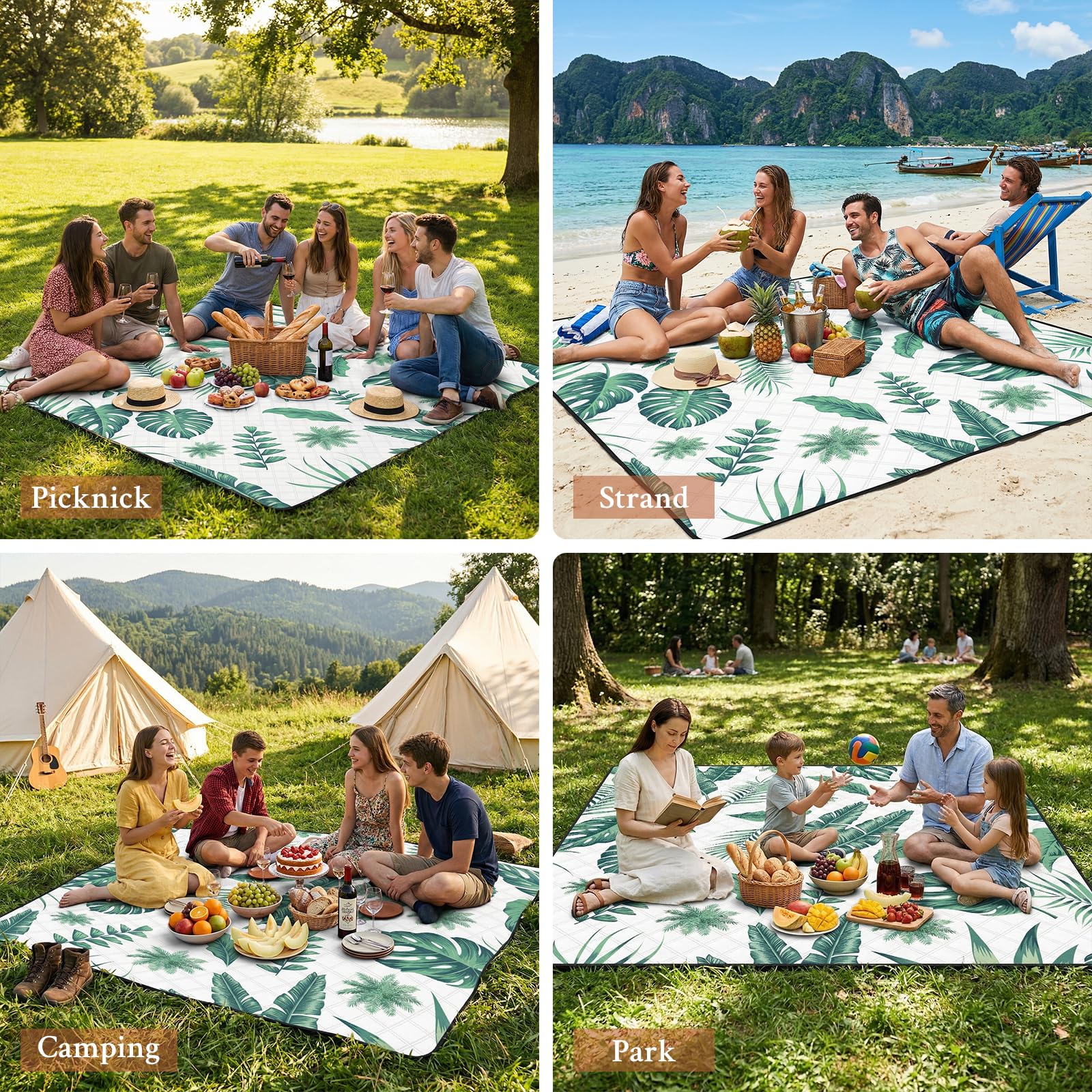 TXBOBECO Koc piknikowy 200x200cm XXL, wodoszczelna mata plażowa bez piasku, koc na kemping na świeżym powietrzu z uchwytem i kołkami, do pikniku, kempingu, parku, ogrodu - liść