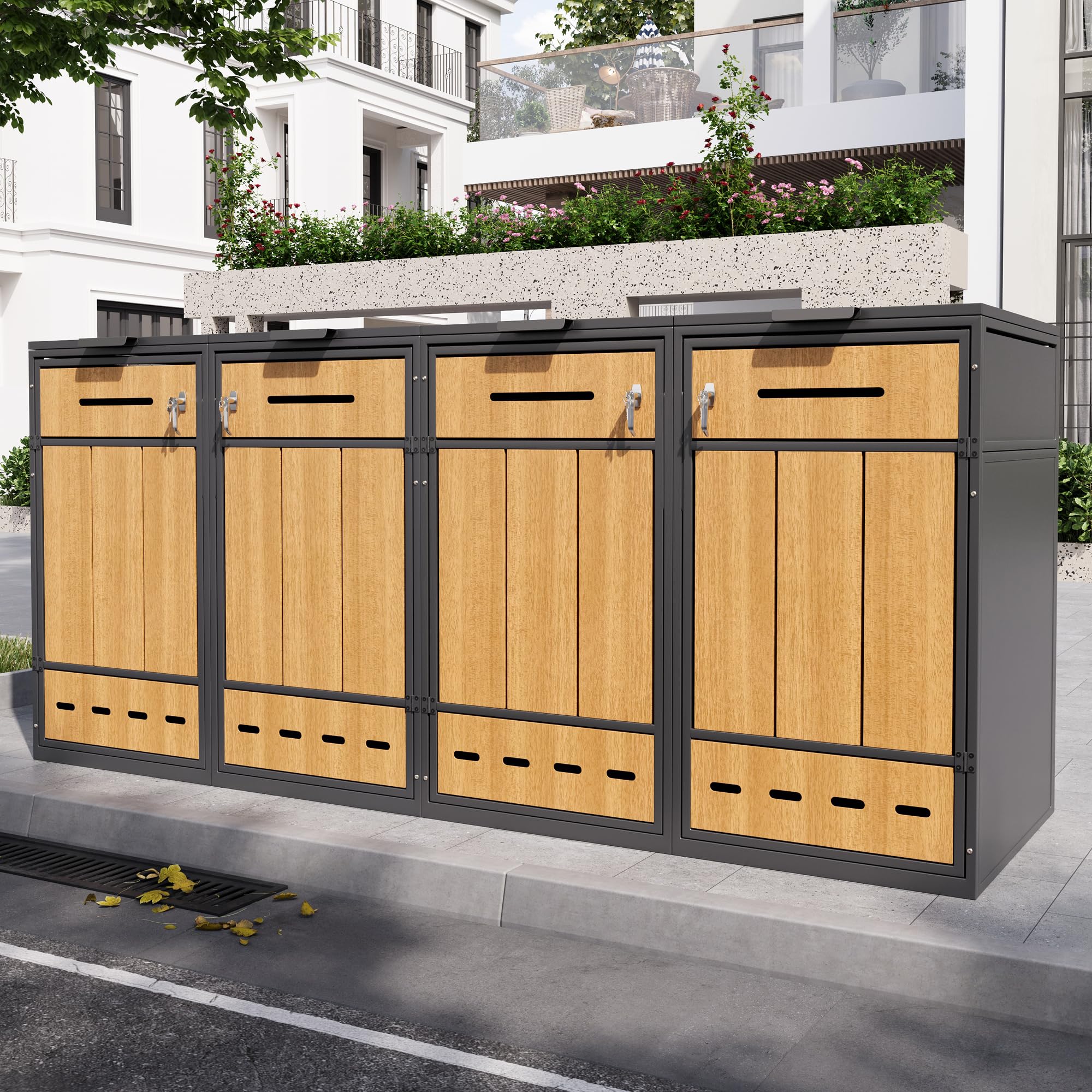 Caja para contenedores de basura, puede contener dos contenedores de basura (120-240 litros), con orificios de ventilación, compartimentos de almacenamiento de basura, con cerradura, dos puertas (1)