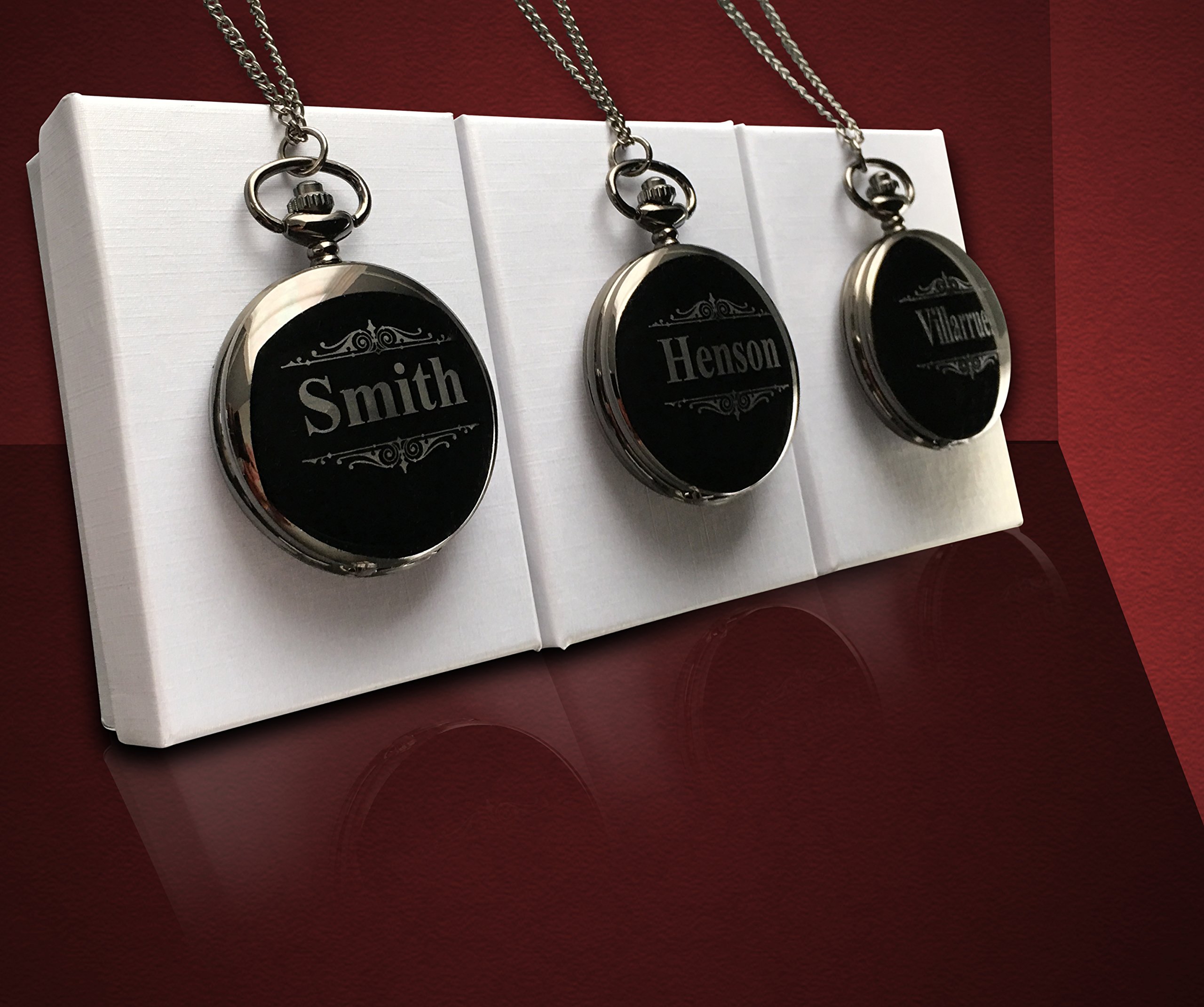 3 Engraved Pocket Watches - 3 Groomsmen Personalized Unique Gifts - Chain, Box and Engraving Included, Comes in 4 Colors (Black/Gunmetal) (Black/Gunmetal)
