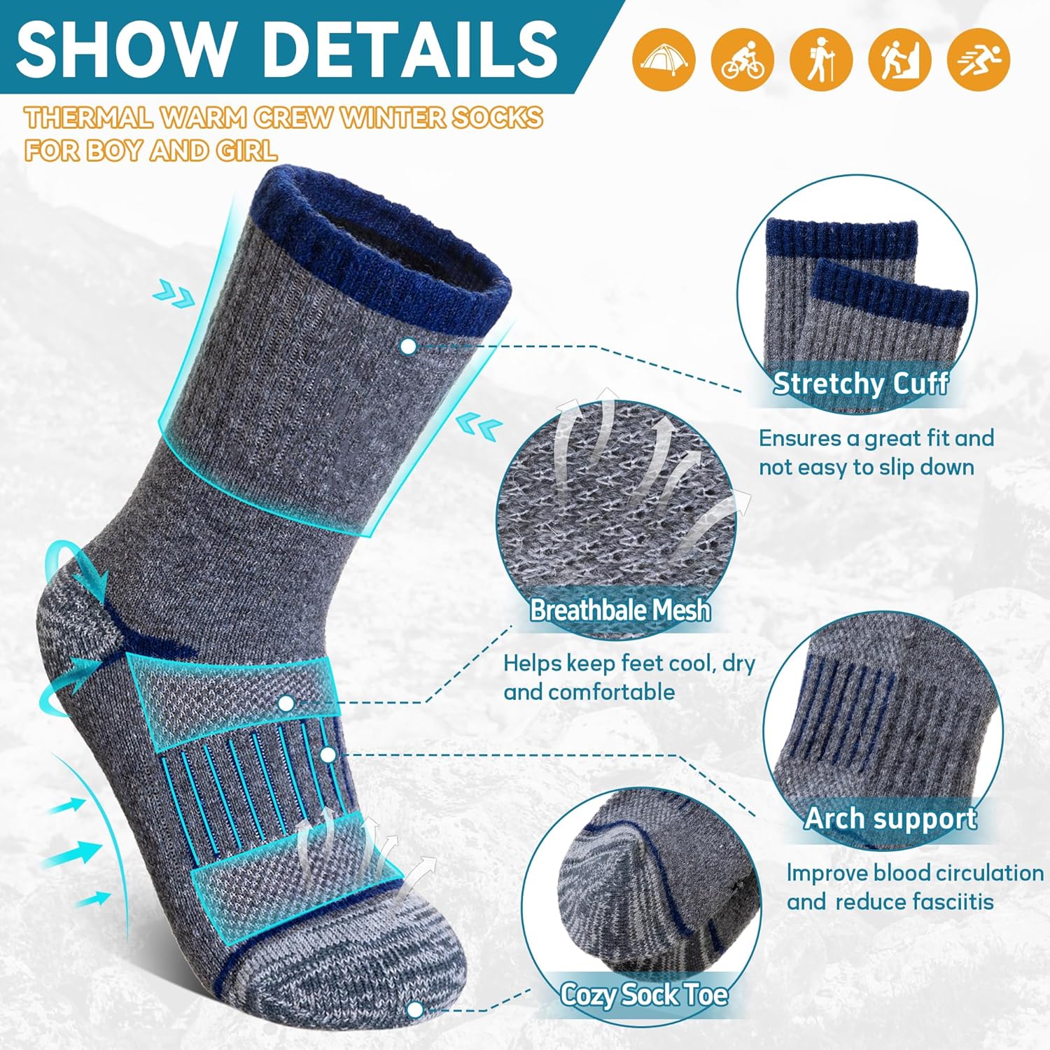 Eocom Kids Merino Wool Hiking Socks Toddlers Boys Girls Thermal Warm Winter Cushion Moisture Wicking Boot Crew Socks 6 Pairs - Image 4