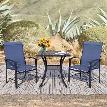 3 Piece Outdoor Dining Set, Patio Dining Set for 2, 27.6" Black Square Table with 2 Blue All Weather Outdoor Dining Chairs