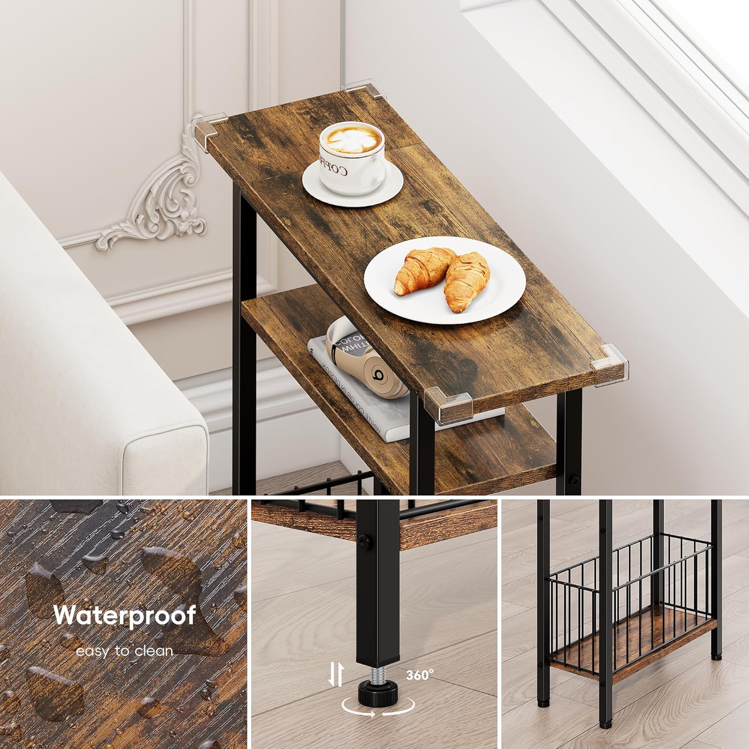 Vagusicc Narrow Side Table, 3-Tier Skinny End Table for Couch Sofa, Small Side Tables for Small Spaces, Bed Side Table with Storage, 25.2" Tall Slim Nightstand for Living Room, Bedroom, Rustic Brown