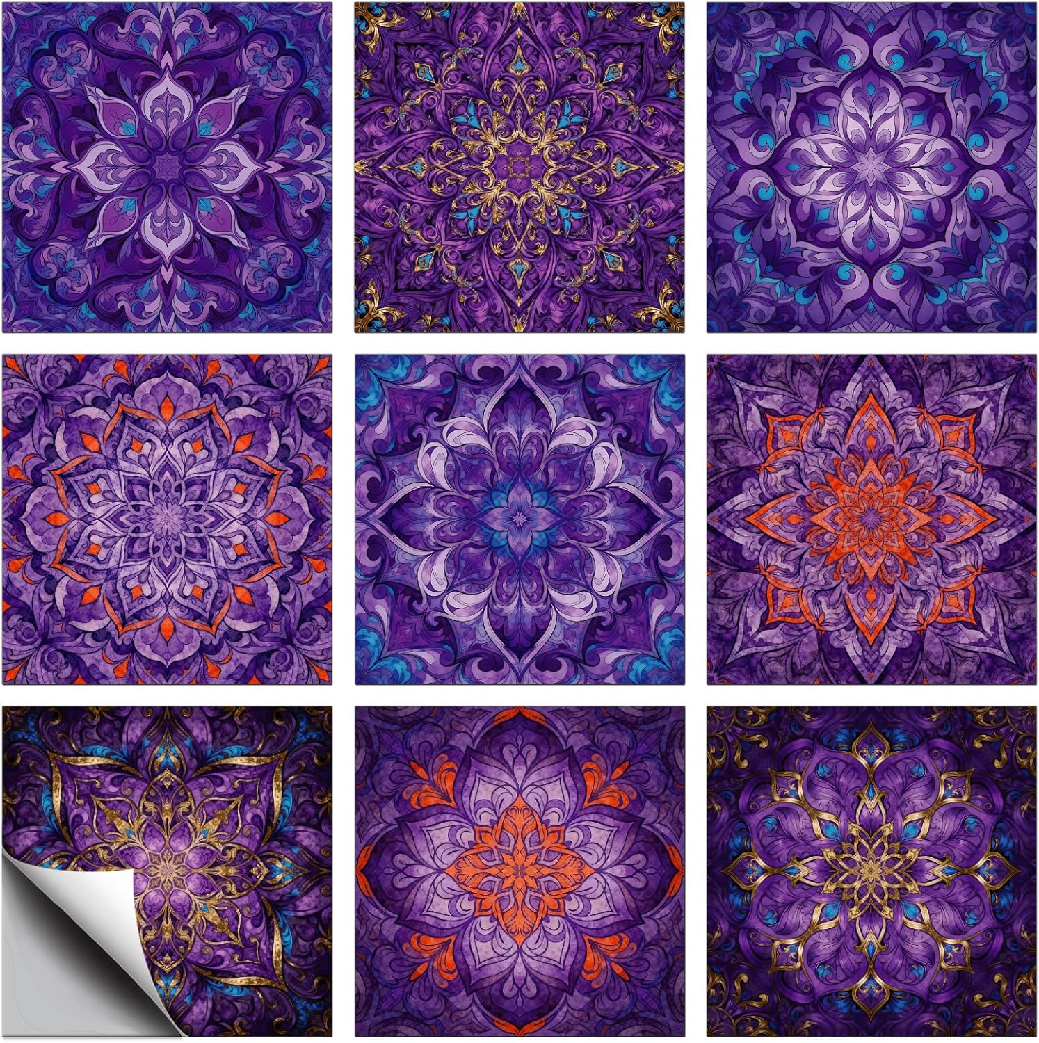 CHGCRAFT 36 Pcs 9 Style Secret Purple Tile Stickers Bohemian Pattern Peel and Stick Wall Tile Stickers Waterproof Self Adhesive Stick on Tiles Decals for Kitchen Bathroom Wall Art Decor, 4×4 Inch